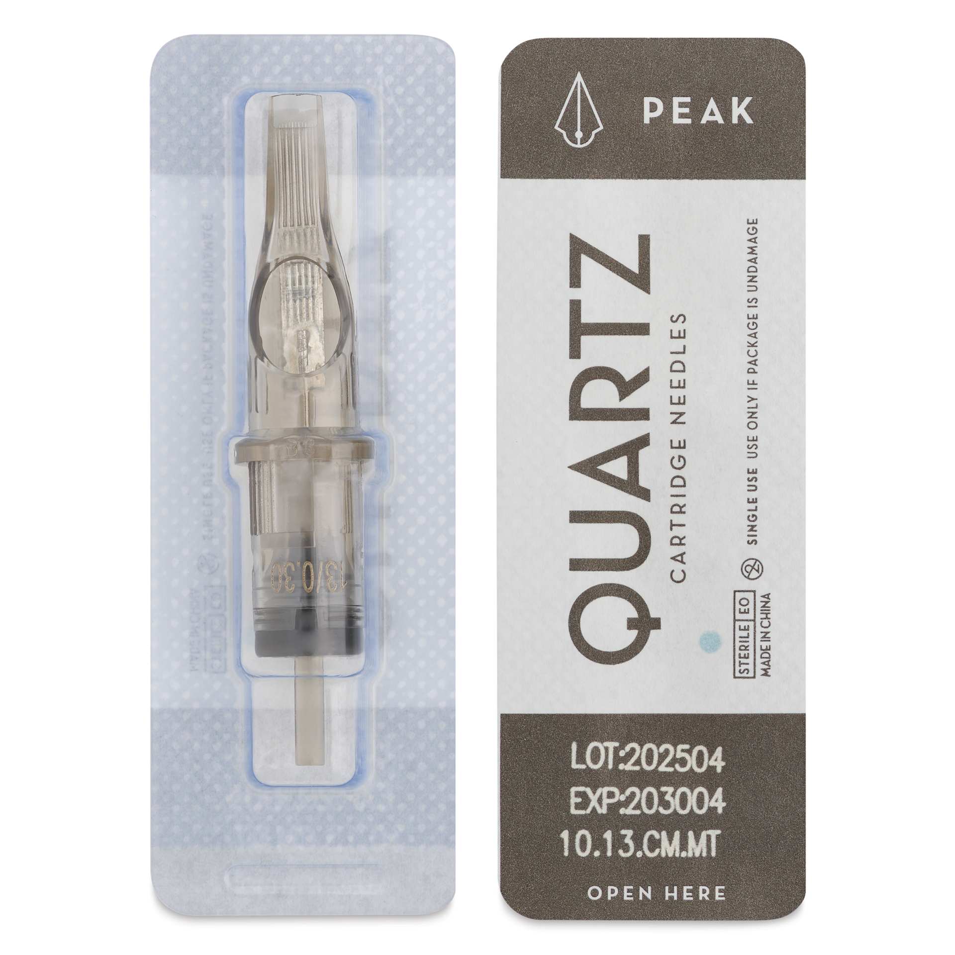 Peak Quartz Curved Magnum Medium Taper Tattoo Needle Cartridges - #10, 13 Needles, Pkg of 20, single needle packaging