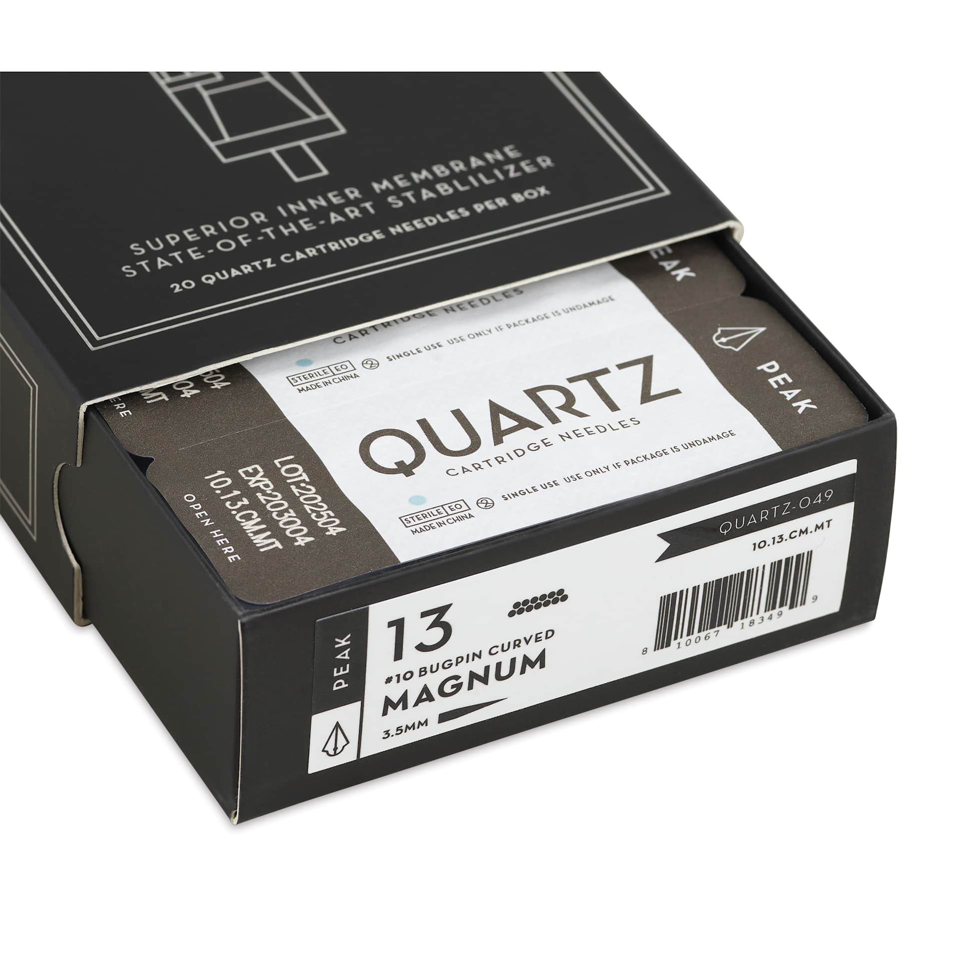 Peak Quartz Curved Magnum Medium Taper Tattoo Needle Cartridges - #10, 13 Needles, Pkg of 20, open packaging