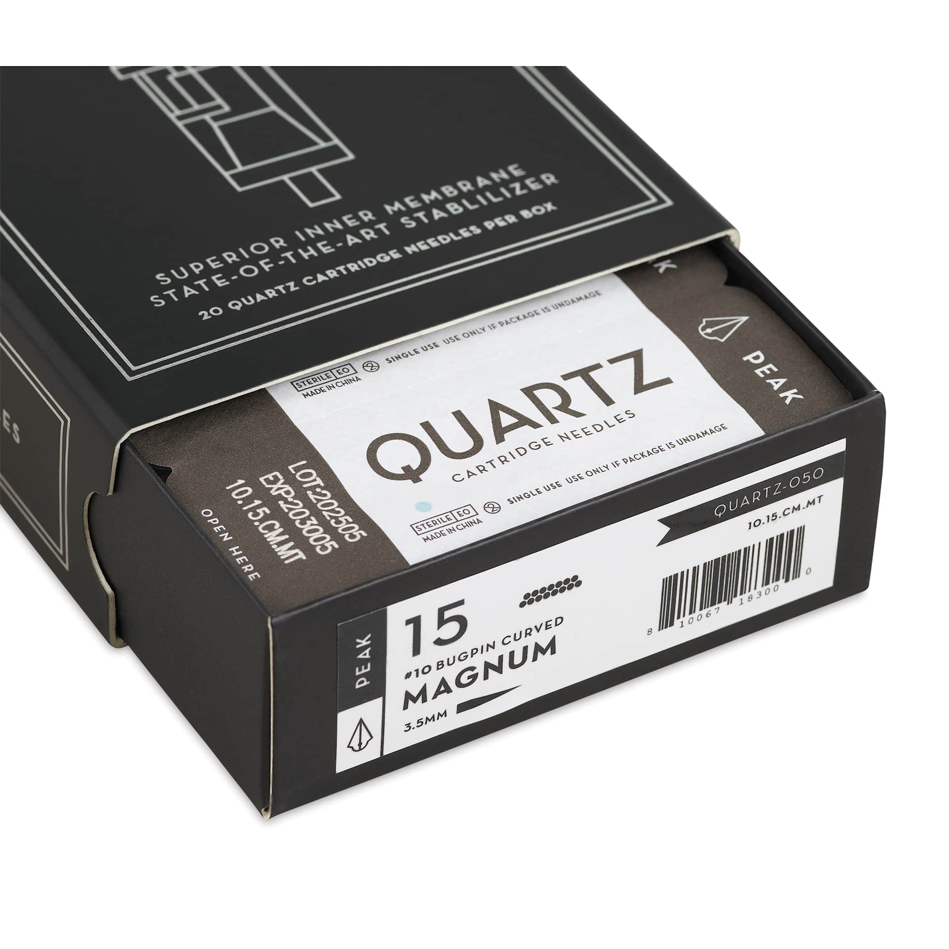 Peak Quartz Curved Magnum Medium Taper Tattoo Needle Cartridges - #10, 15 Needles, Pkg of 20, open packaging