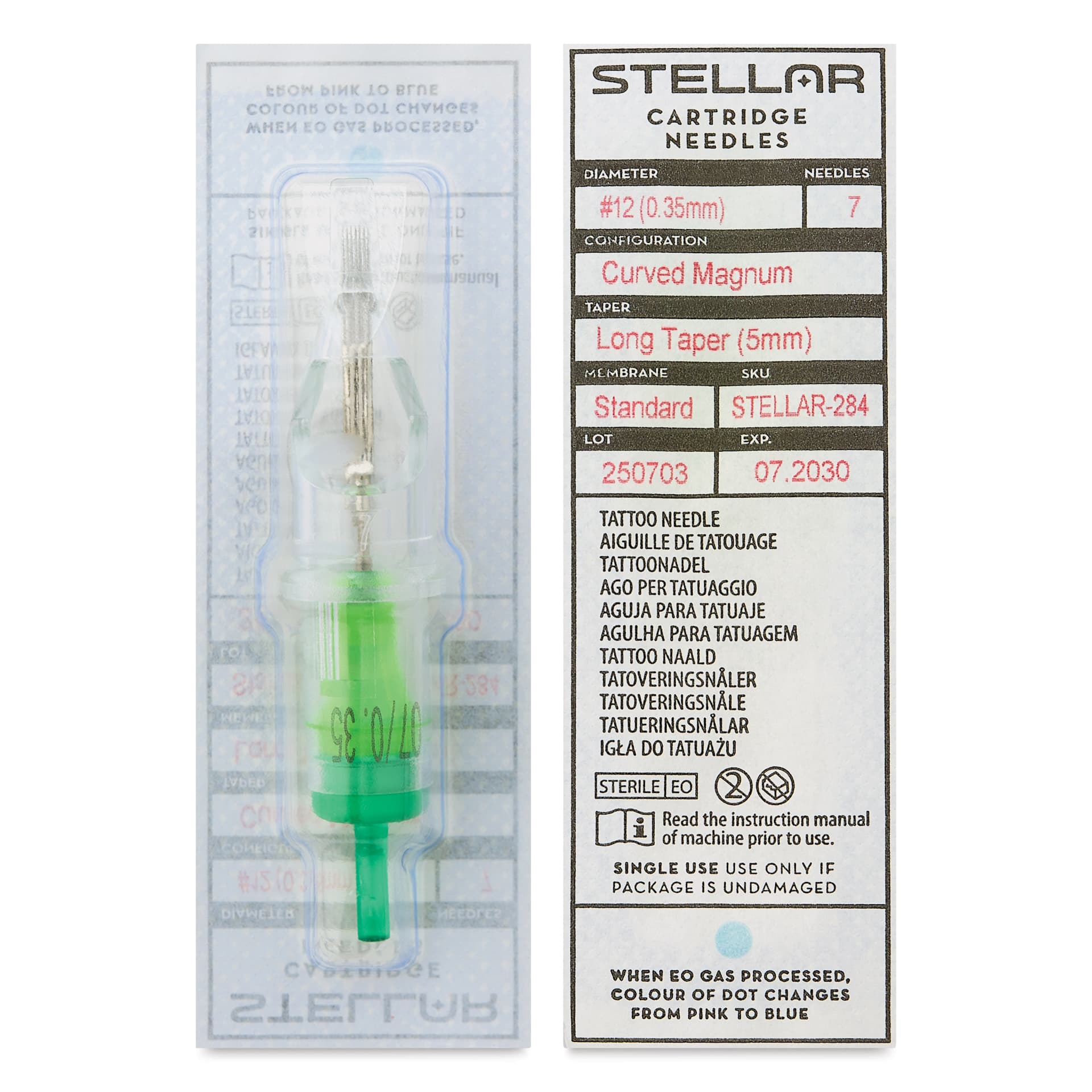 Peak Stellar Curved Magnum Long Taper Tattoo Needle Cartridges - #12, 7 Needles, Pkg of 20, front and back of packaging