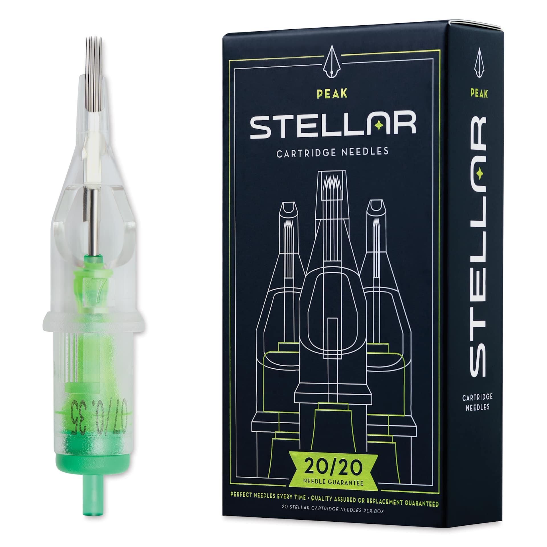 Peak Stellar Curved Magnum Long Taper Tattoo Needle Cartridges - #12, 7 Needles, Pkg of 20, needle and packaging
