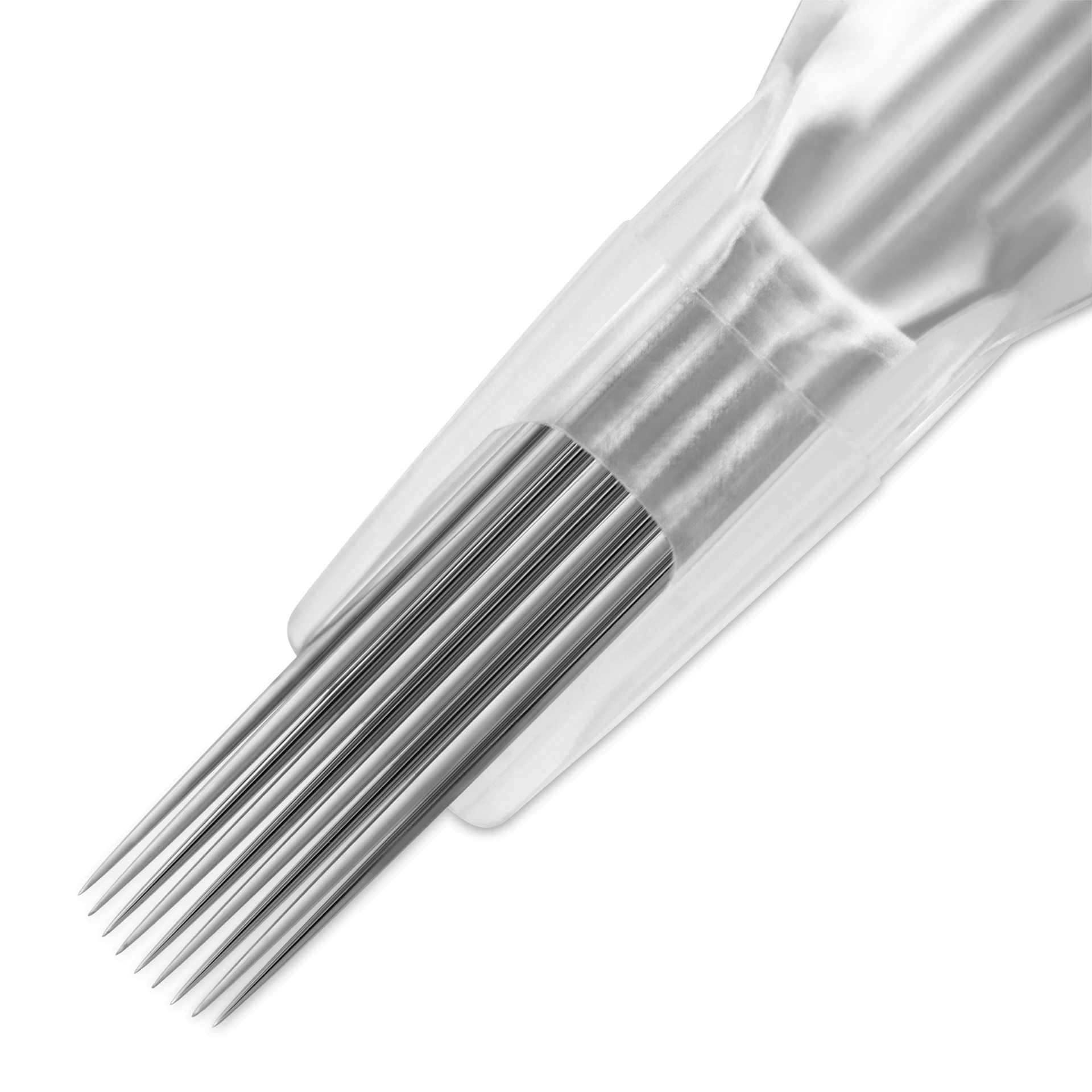 Peak Stellar Curved Magnum Long Taper Tattoo Needle Cartridges - #12, 9 Needles, Pkg of 20, close-up of needle