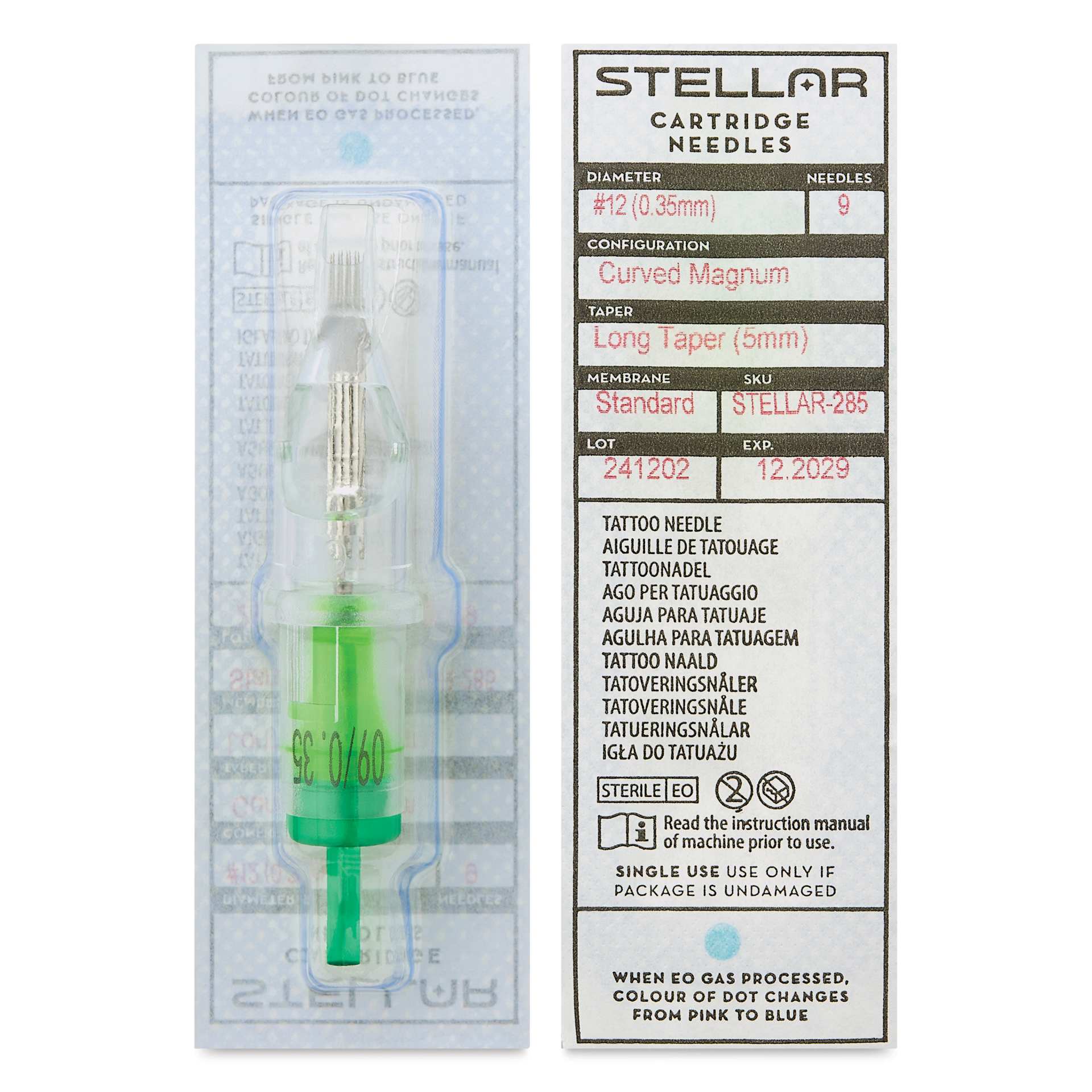 Peak Stellar Curved Magnum Long Taper Tattoo Needle Cartridges - #12, 9 Needles, Pkg of 20, front and back of packaging