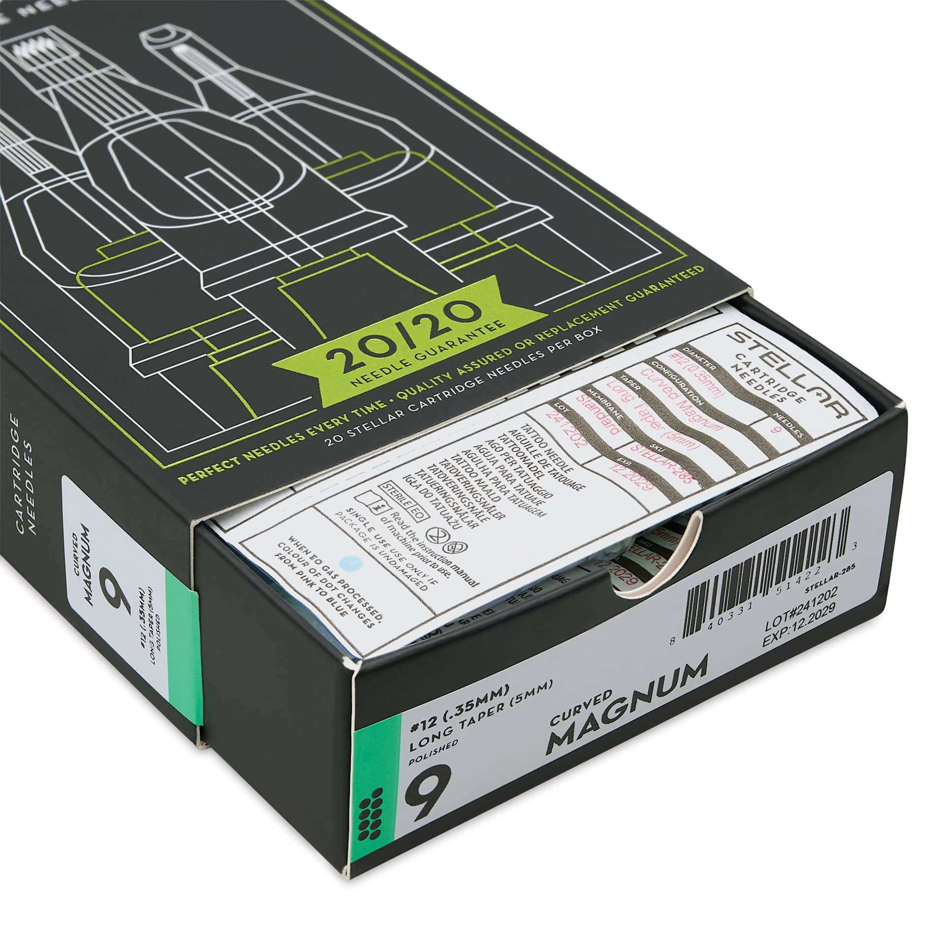 Peak Stellar Curved Magnum Long Taper Tattoo Needle Cartridges - #12, 9 Needles, Pkg of 20, open packaging