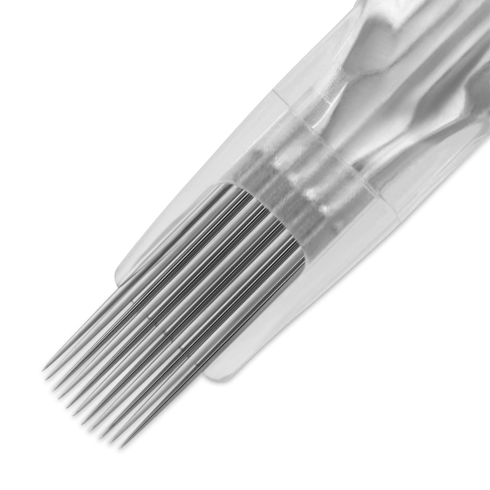 Peak Stellar Curved Magnum Long Taper Tattoo Needle Cartridges - #12, 11 Needles, Pkg of 20, close-up of needle