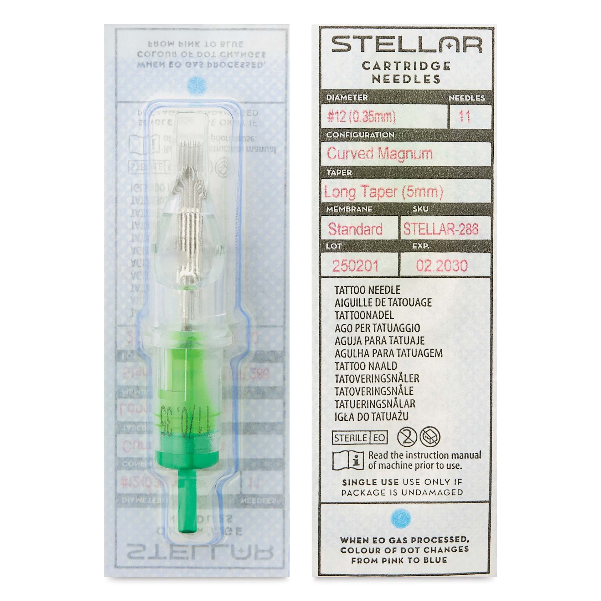 Peak Stellar Curved Magnum Long Taper Tattoo Needle Cartridges - #12, 11 Needles, Pkg of 20, front and back of packaging