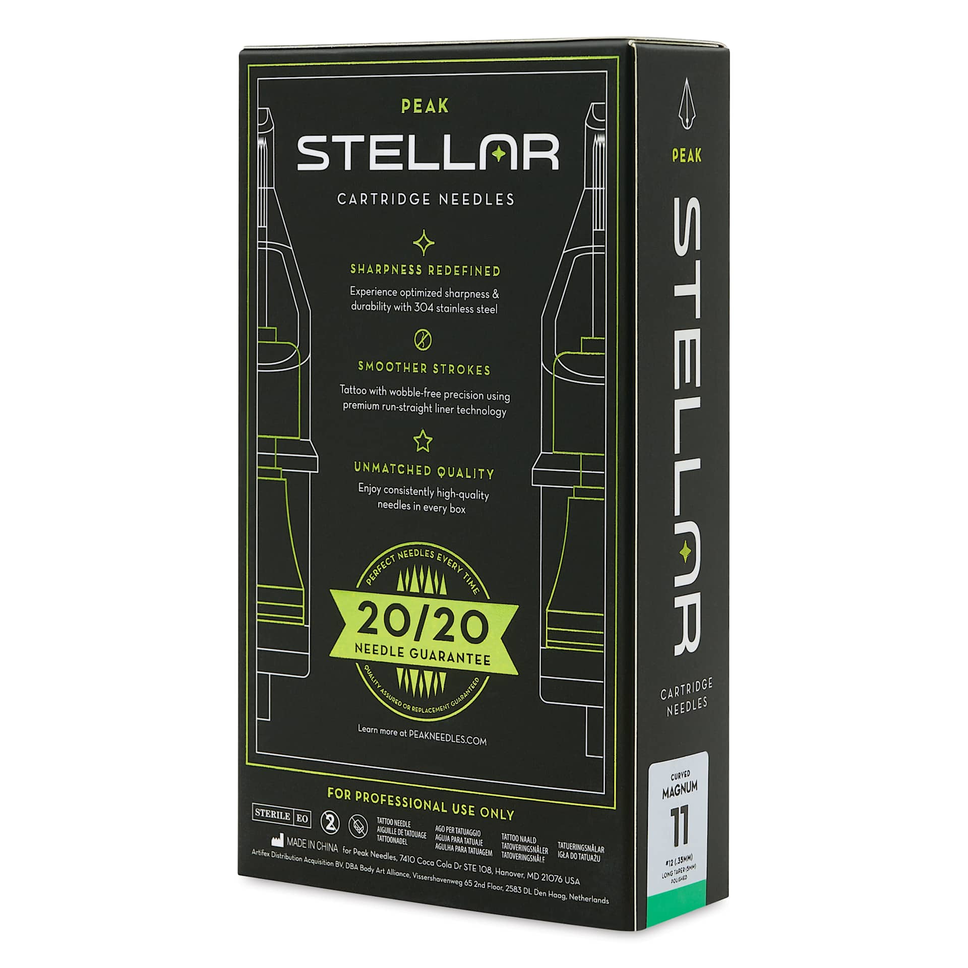 Peak Stellar Curved Magnum Long Taper Tattoo Needle Cartridges - #12, 11 Needles, Pkg of 20, packaging