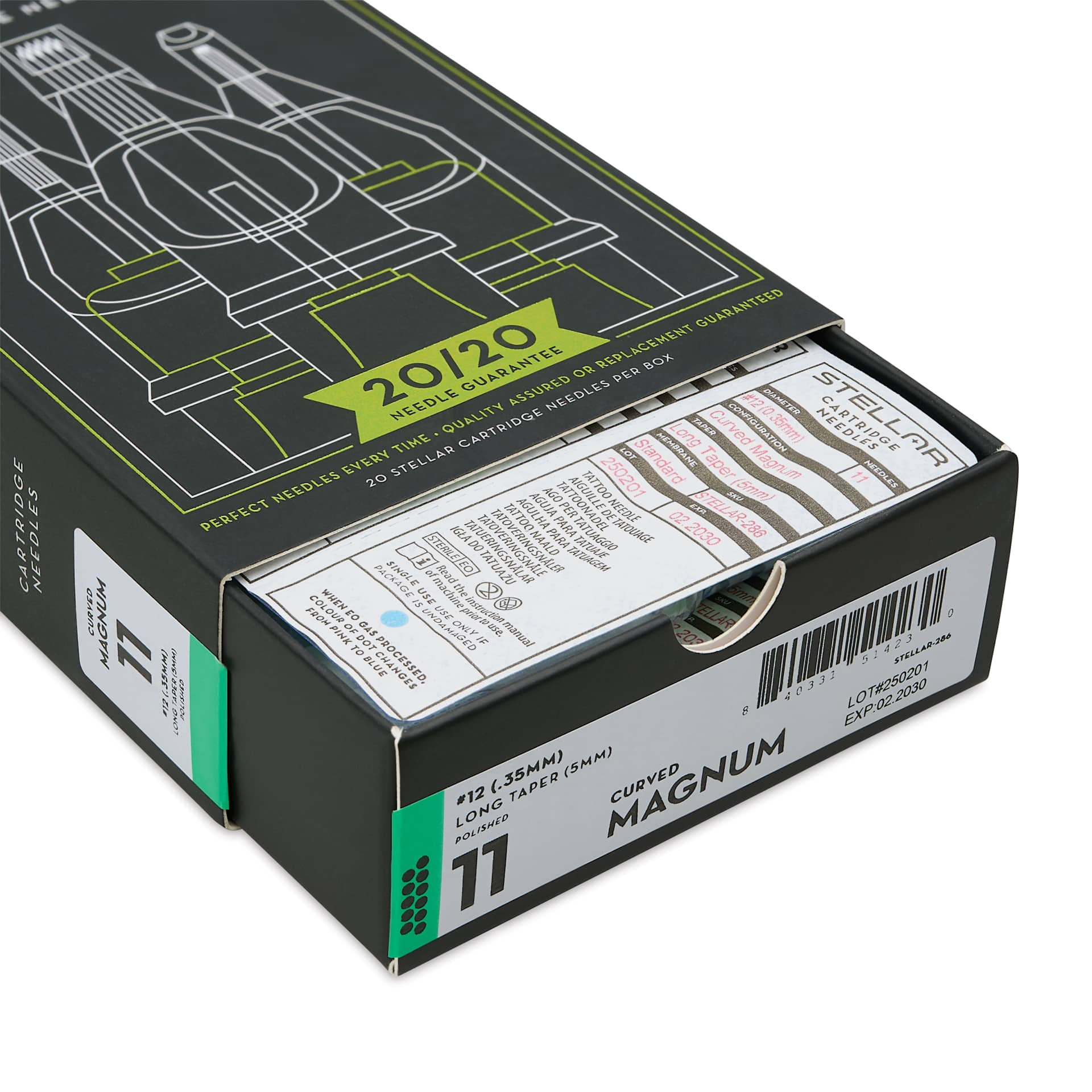 Peak Stellar Curved Magnum Long Taper Tattoo Needle Cartridges - #12, 11 Needles, Pkg of 20, open packaging