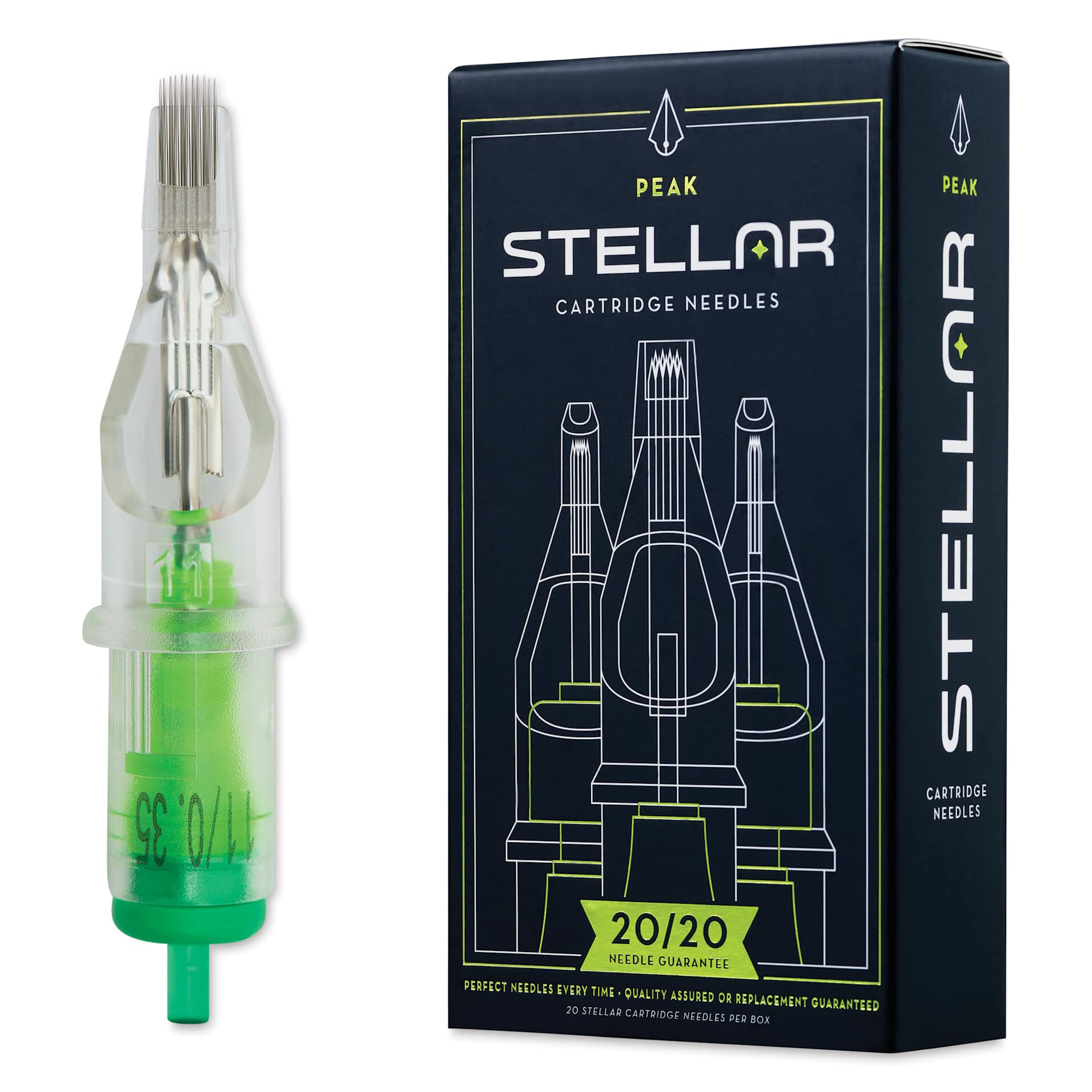 Peak Stellar Curved Magnum Long Taper Tattoo Needle Cartridges - #12, 11 Needles, Pkg of 20, needle and packaging