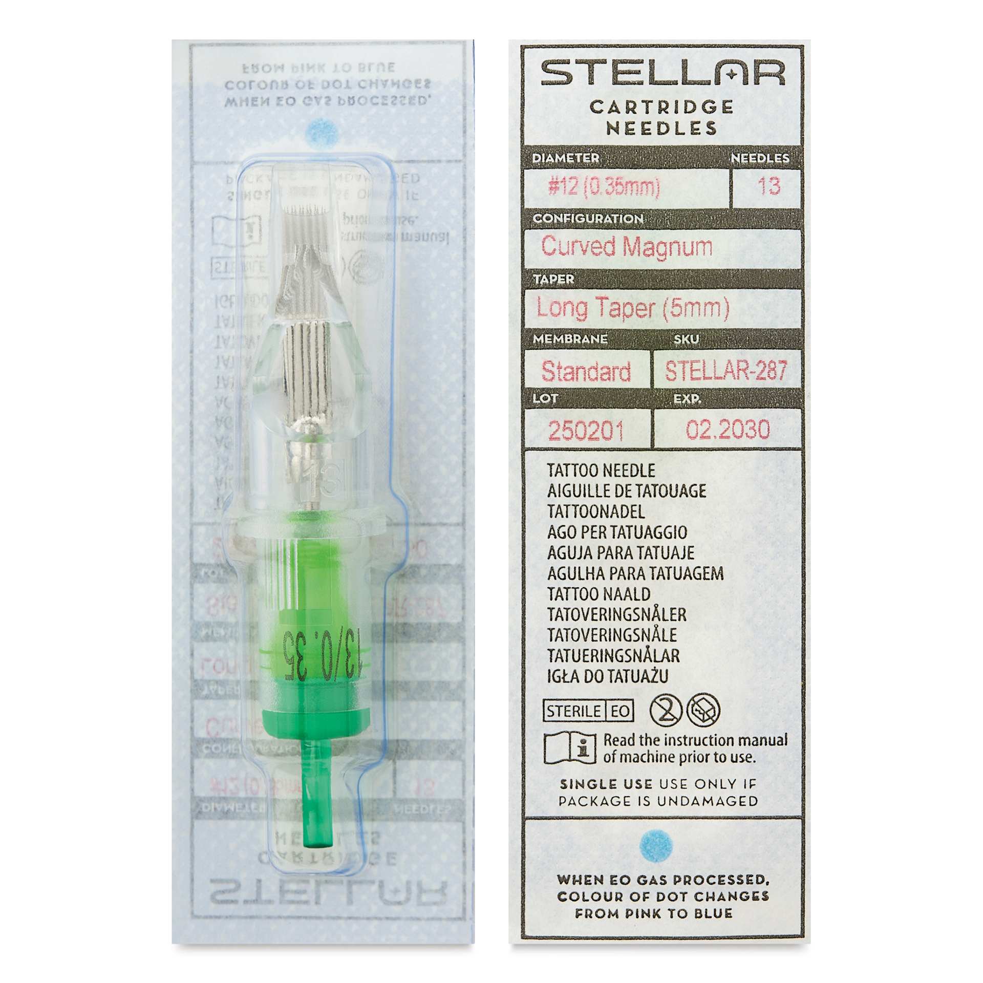 Peak Stellar Curved Magnum Long Taper Tattoo Needle Cartridges - #12, 13 Needles, Pkg of 20, front and back of packaging
