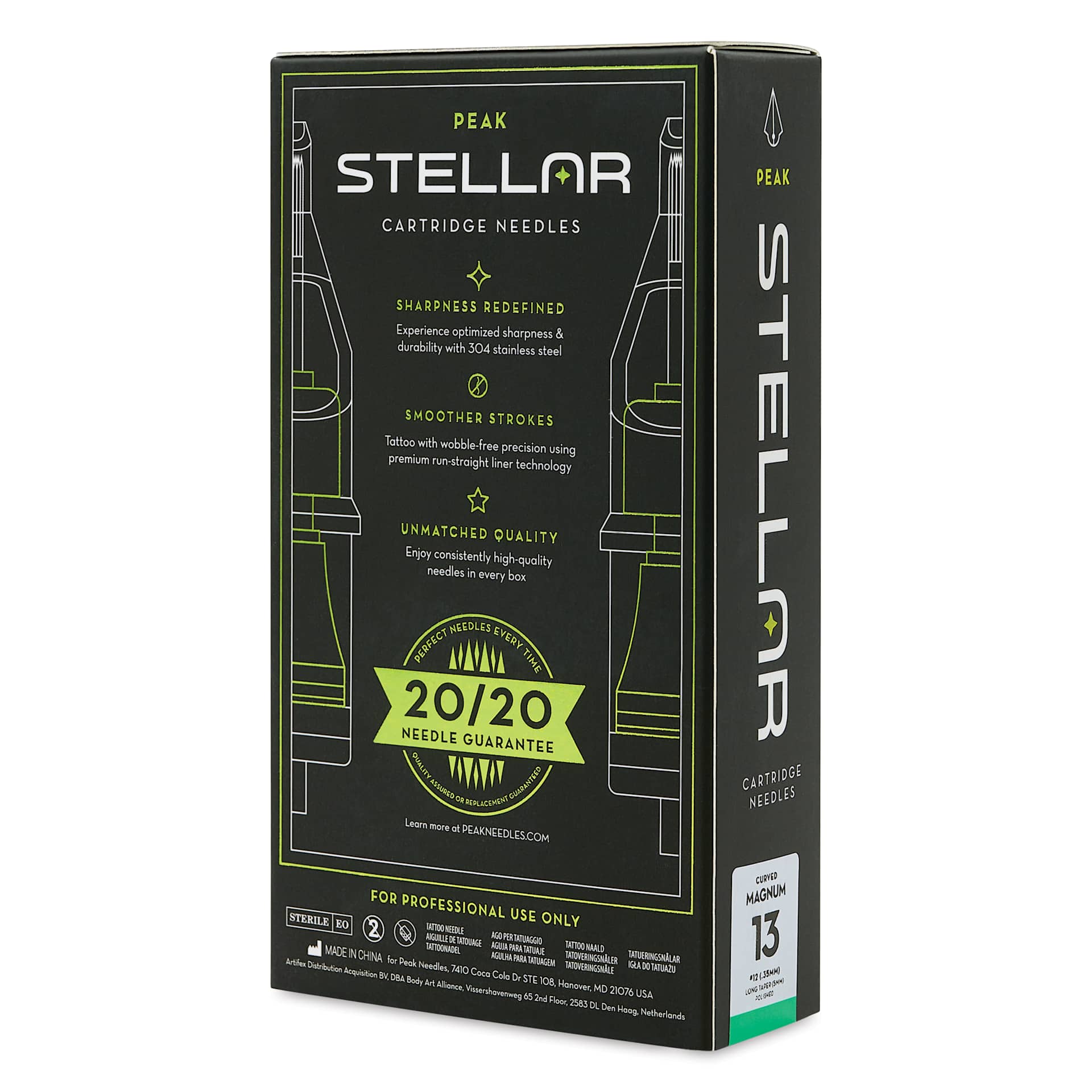 Peak Stellar Curved Magnum Long Taper Tattoo Needle Cartridges - #12, 13 Needles, Pkg of 20, packaging