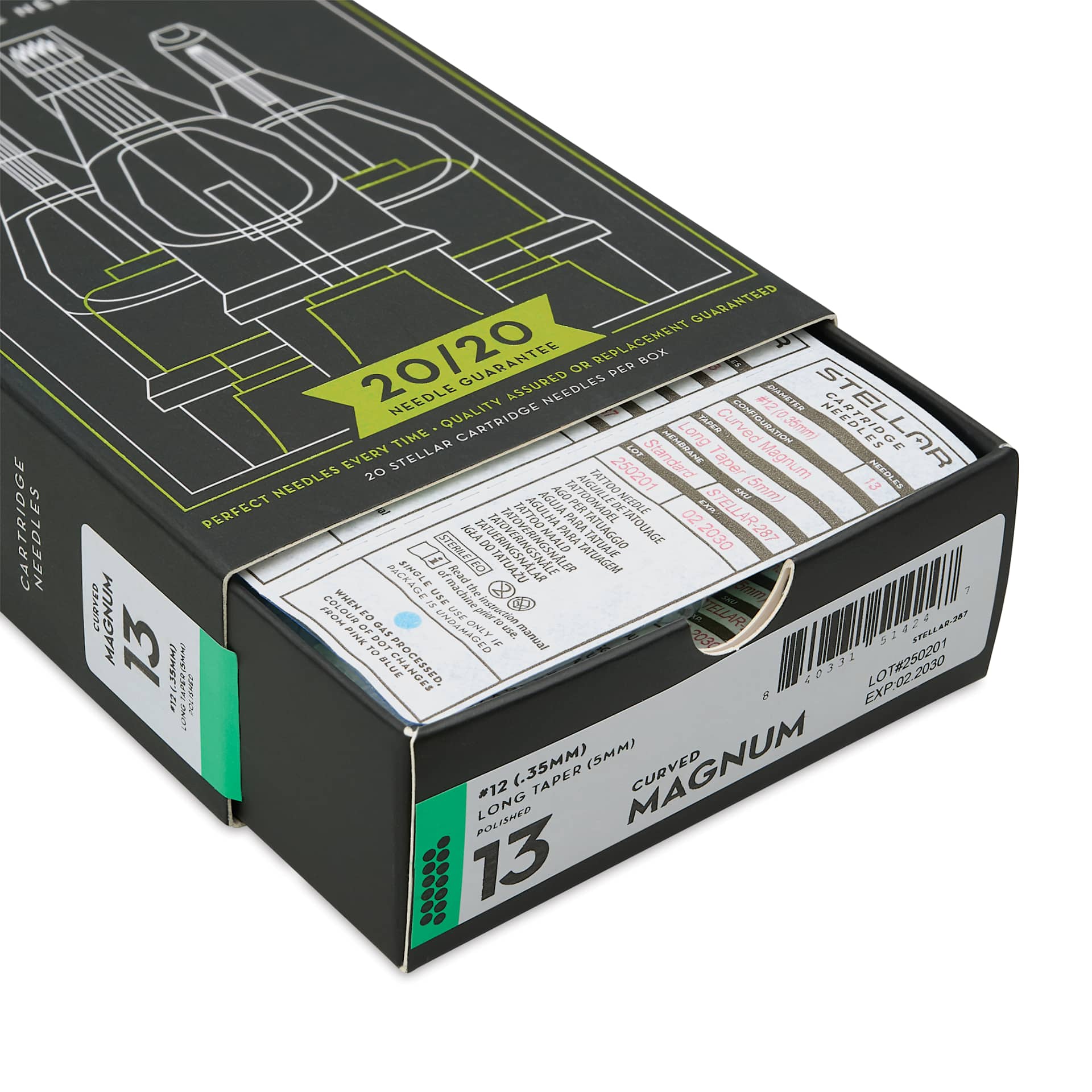 Peak Stellar Curved Magnum Long Taper Tattoo Needle Cartridges - #12, 13 Needles, Pkg of 20, open packaging