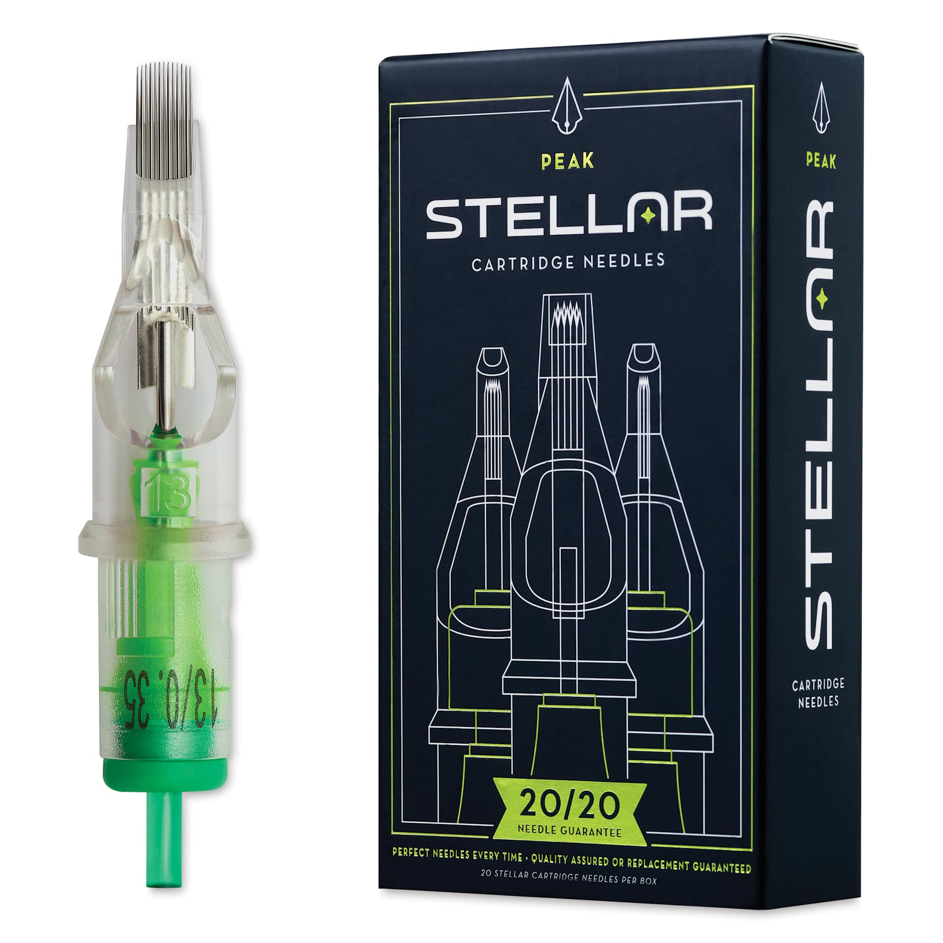 Peak Stellar Curved Magnum Long Taper Tattoo Needle Cartridges - #12, 13 Needles, Pkg of 20, needle and packaging