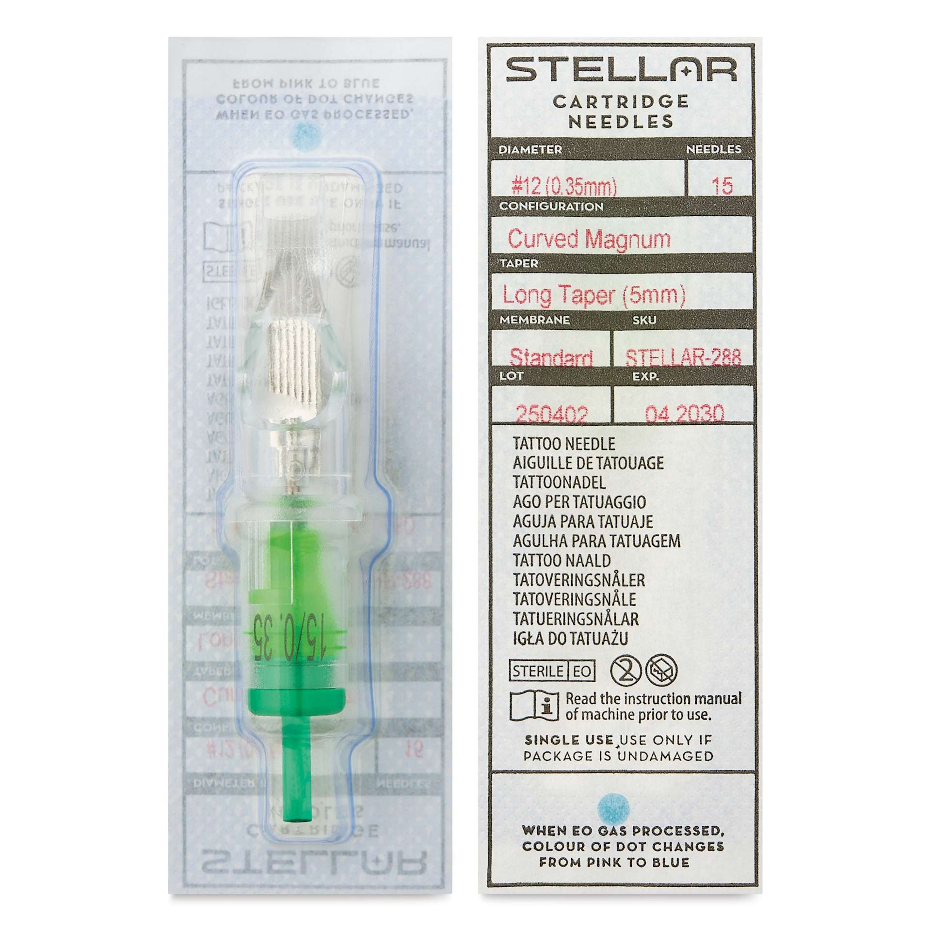 Peak Stellar Curved Magnum Long Taper Tattoo Needle Cartridges - #12, 15 Needles, Pkg of 20, front and back of packaging