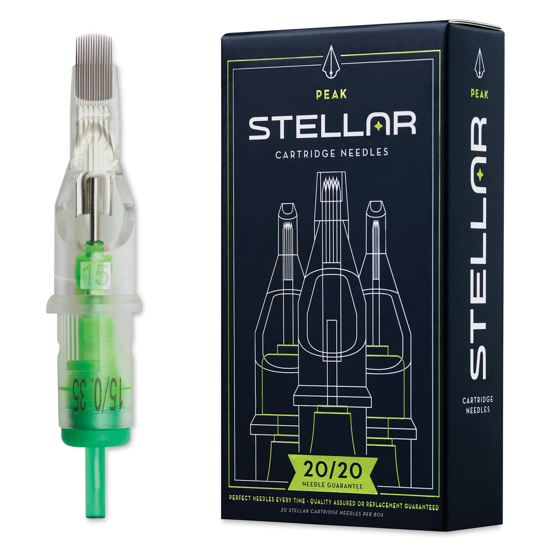Peak Stellar Curved Magnum Long Taper Tattoo Needle Cartridges - #12, 15 Needles, Pkg of 20, needle and packaging