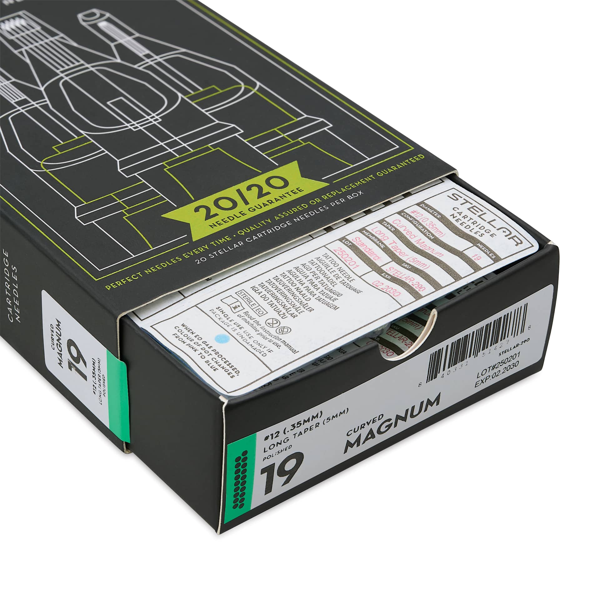 Peak Stellar Curved Magnum Long Taper Tattoo Needle Cartridges - #12, 19 Needles, Pkg of 20, open packaging