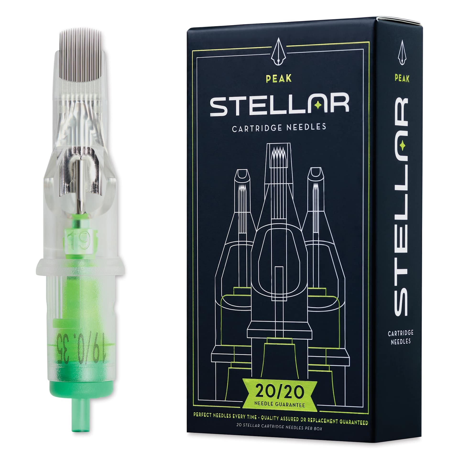 Peak Stellar Curved Magnum Long Taper Tattoo Needle Cartridges - #12, 19 Needles, Pkg of 20, needle and packaging