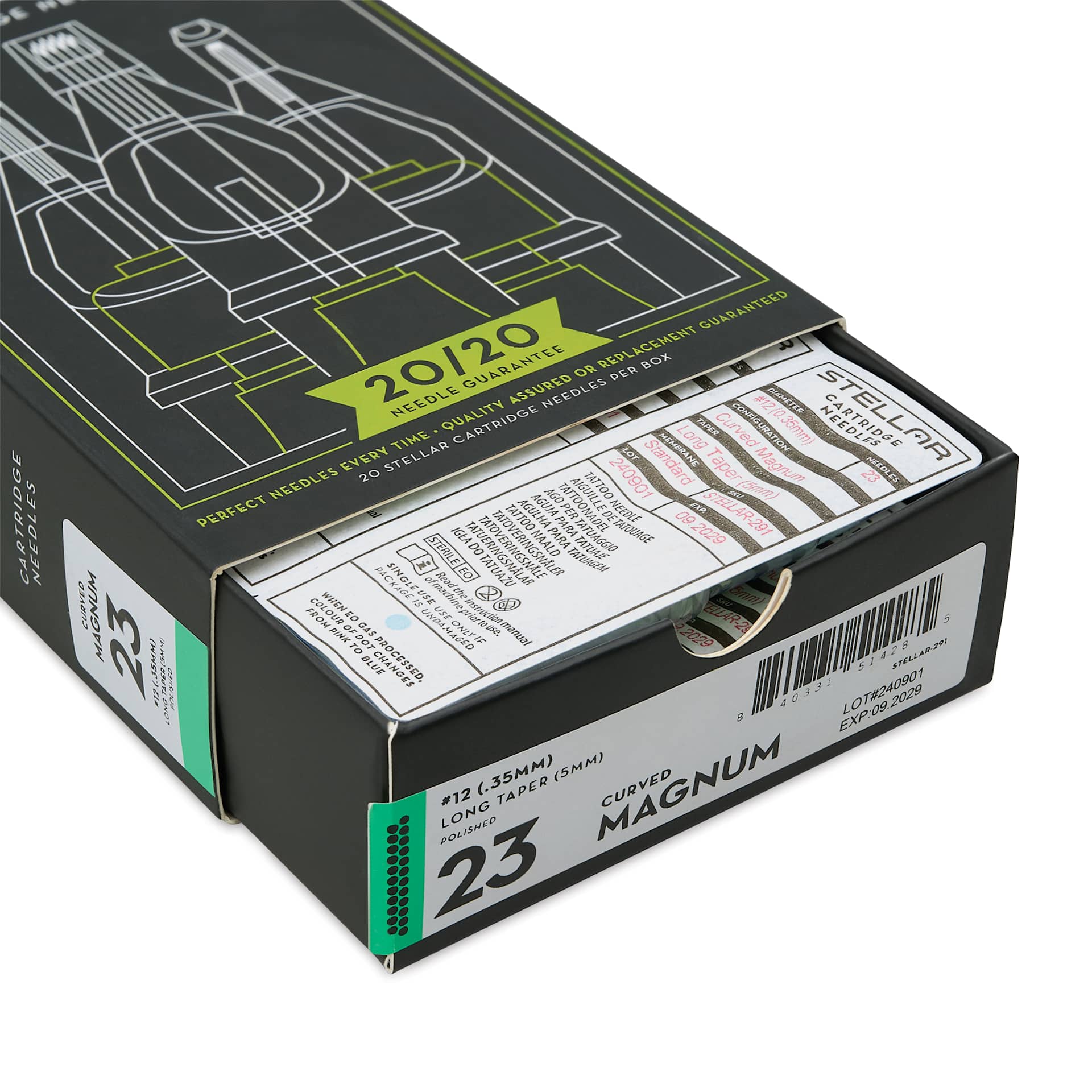Peak Stellar Curved Magnum Long Taper Tattoo Needle Cartridges - #12, 23 Needles, Pkg of 20, open packaging