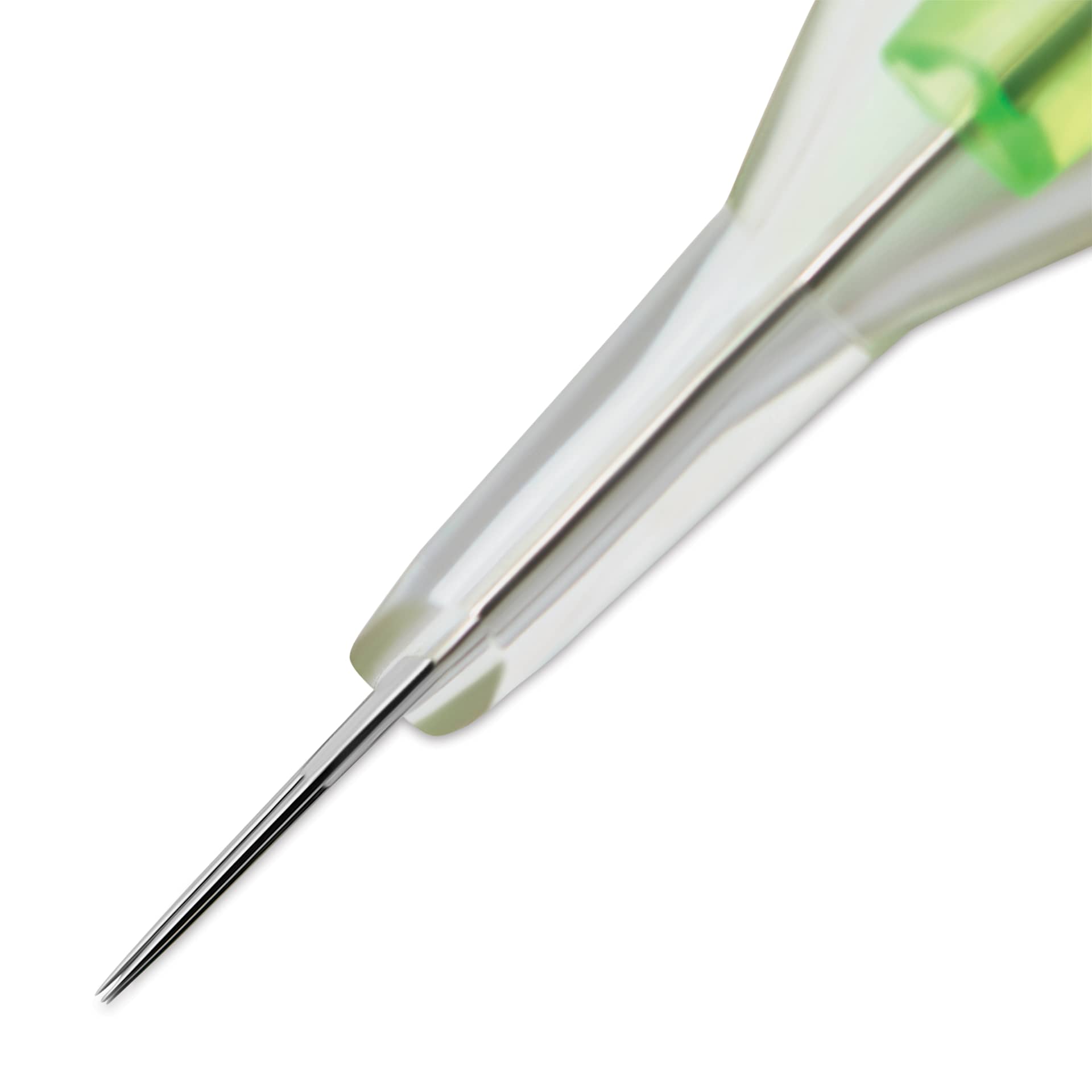 Peak Stellar Round Liner Long Taper Tattoo Needle Cartridges - #10, 3 Needles, Pkg of 20, close-up of needle