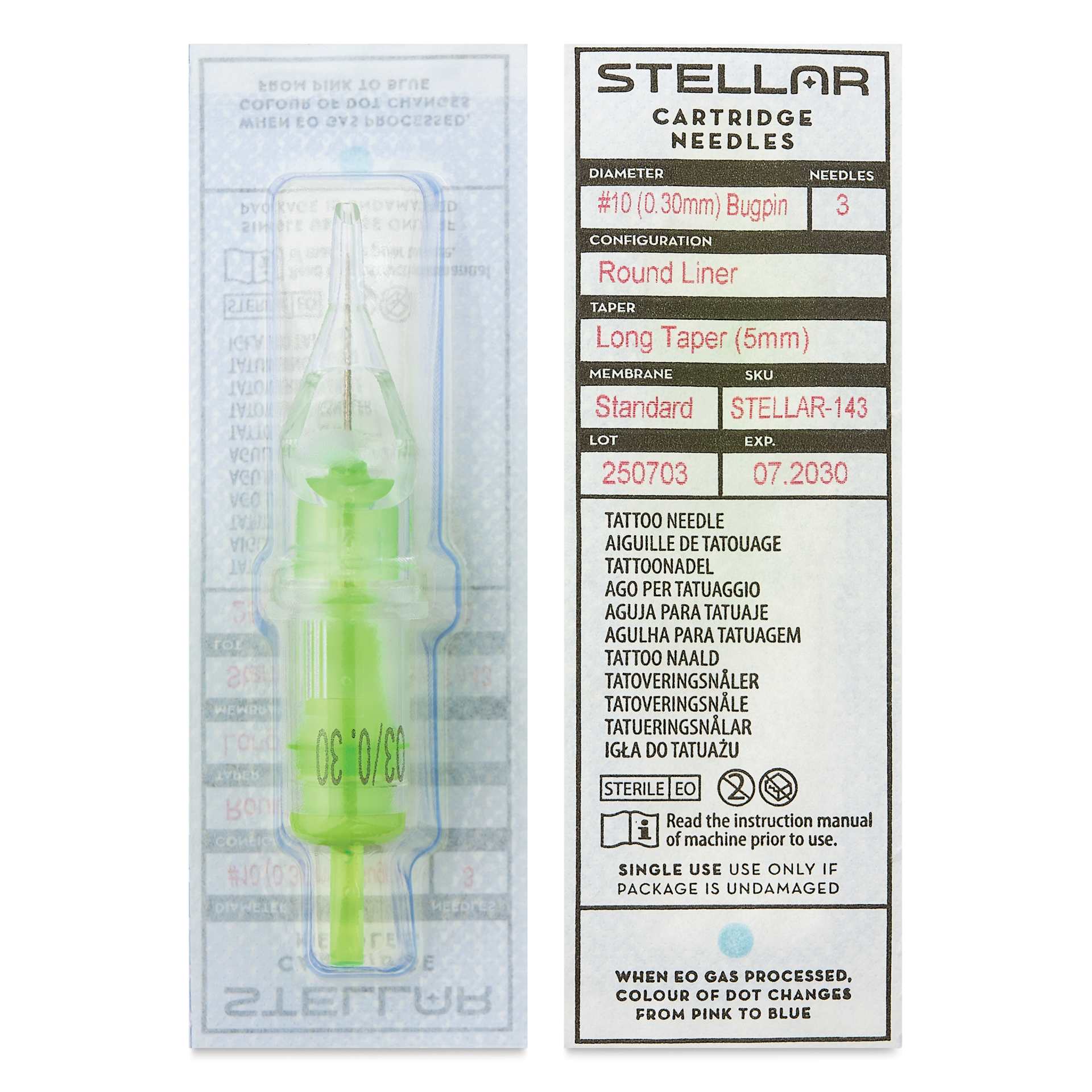 Peak Stellar Round Liner Long Taper Tattoo Needle Cartridges - #10, 3 Needles, Pkg of 20, front and back of packaging