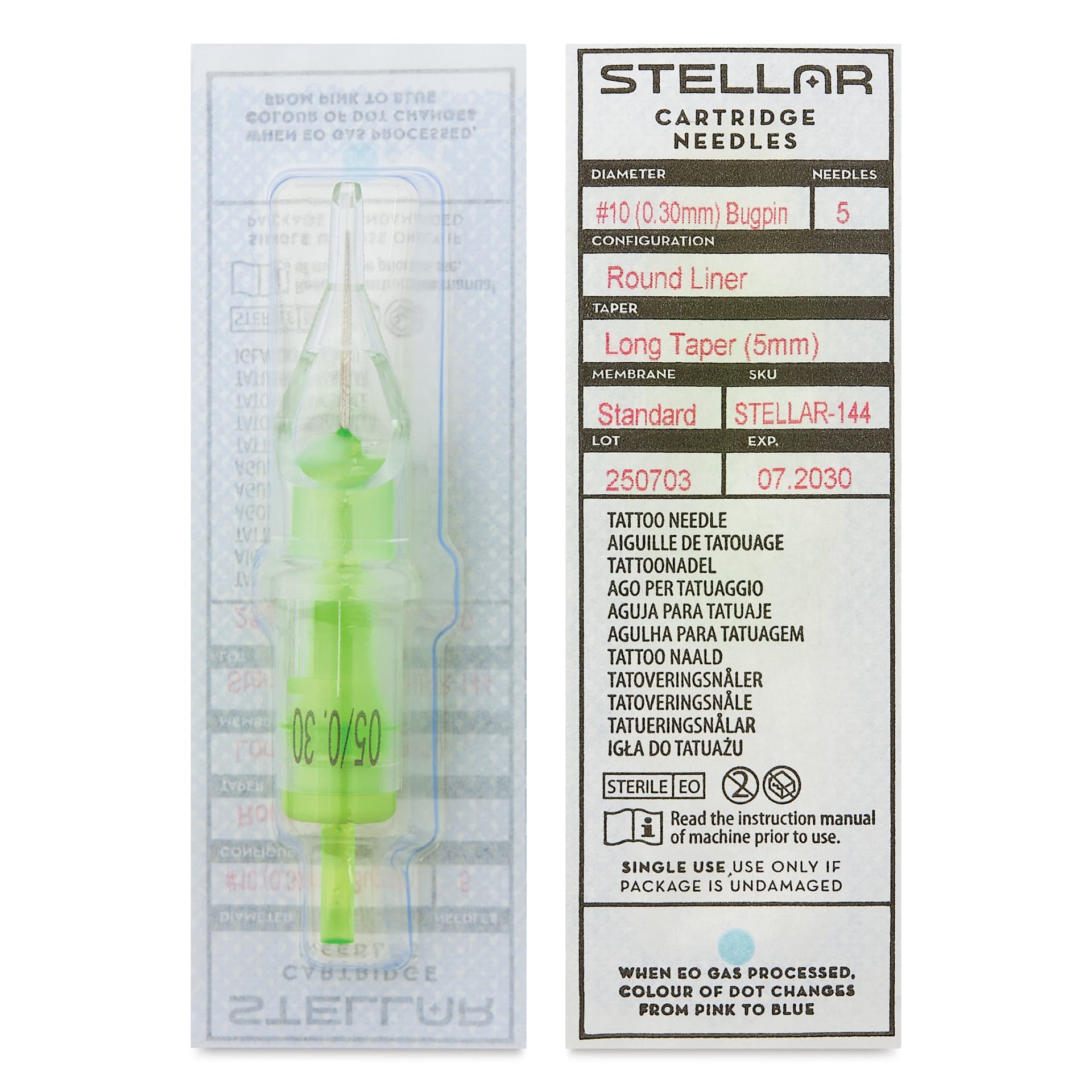Peak Stellar Round Liner Long Taper Tattoo Needle Cartridges - #10, 5 Needles, Pkg of 20, front and back of packaging