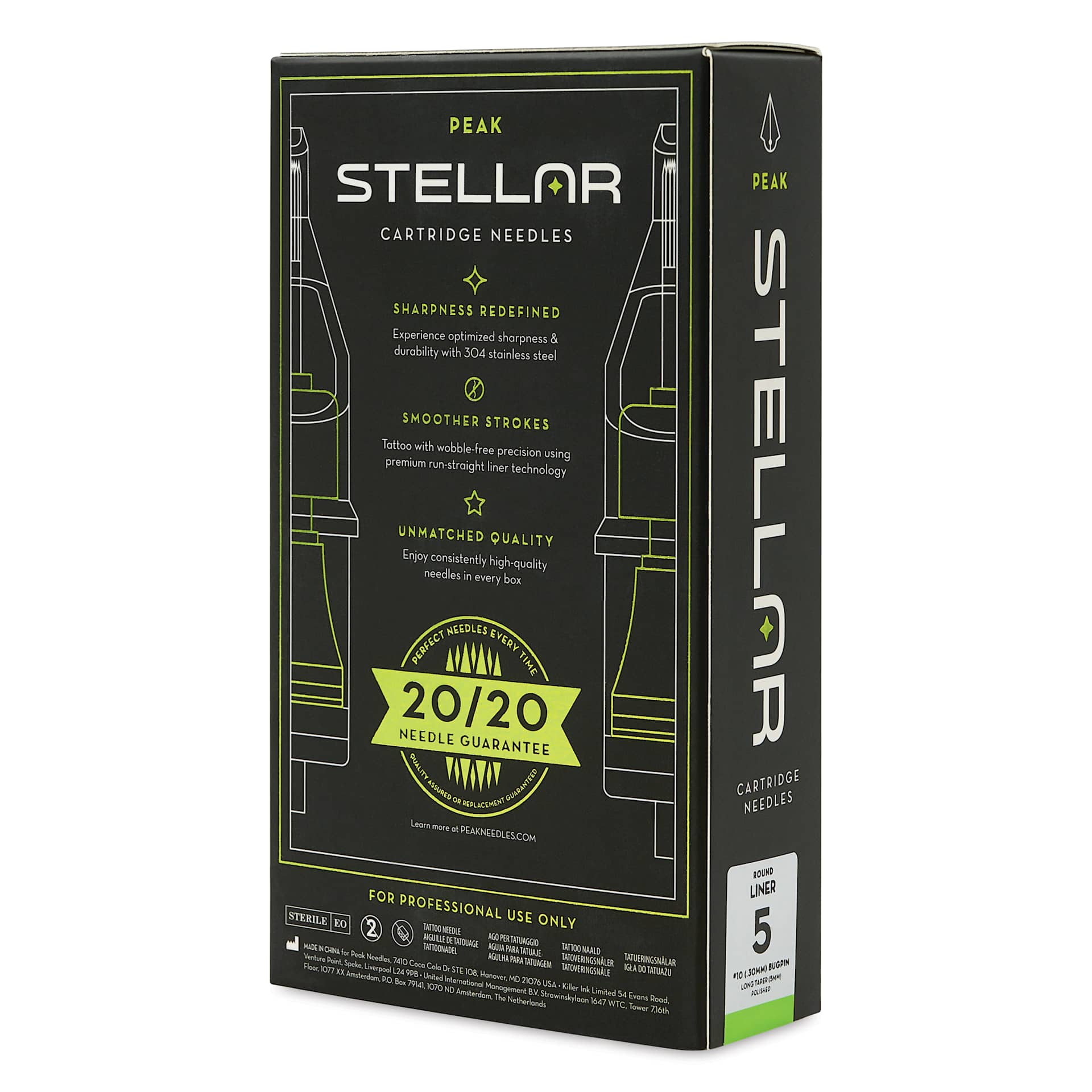 Peak Stellar Round Liner Long Taper Tattoo Needle Cartridges - #10, 5 Needles, Pkg of 20, packaging