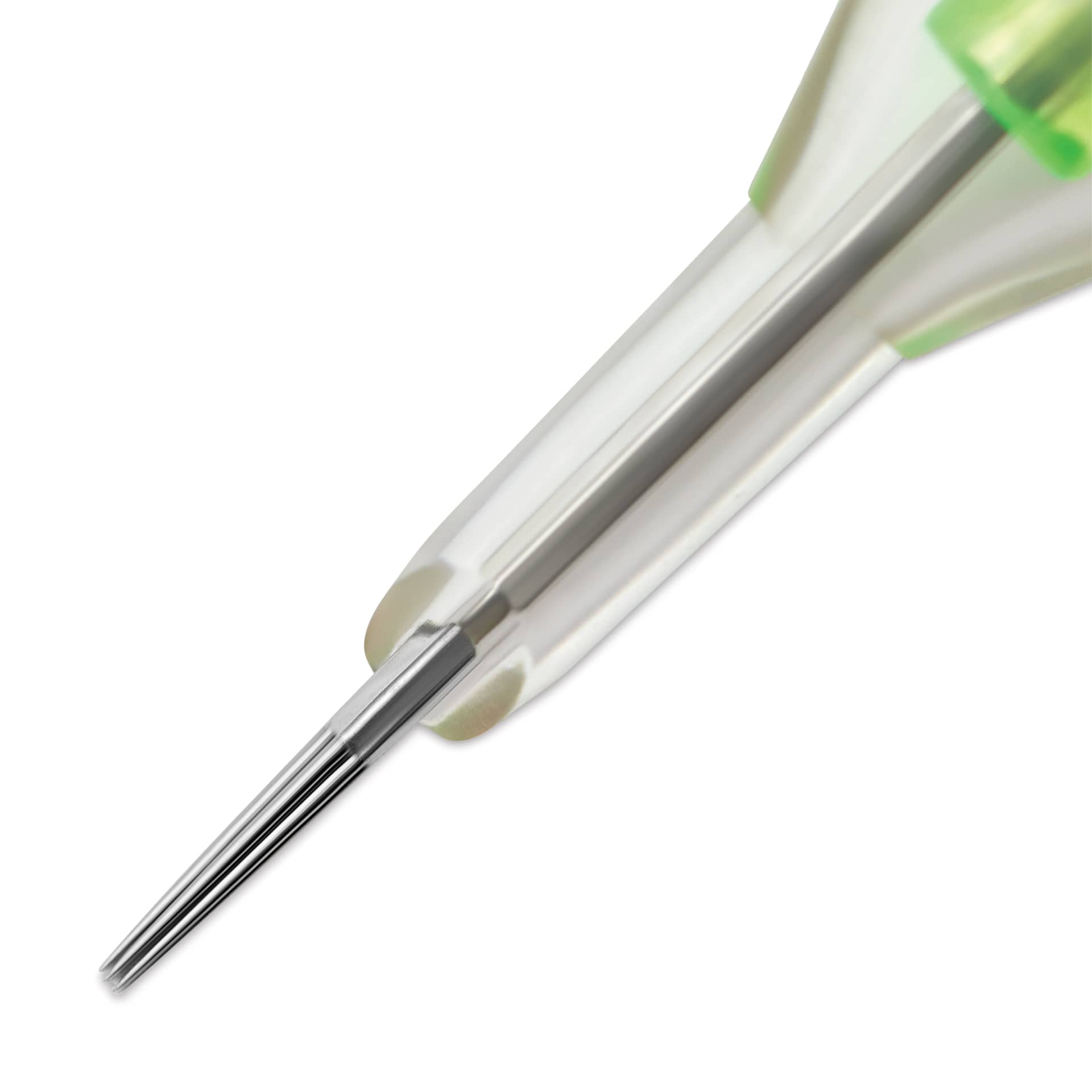 Peak Stellar Round Liner Long Taper Tattoo Needle Cartridges - #10, 7 Needles, Pkg of 20, close-up of needle
