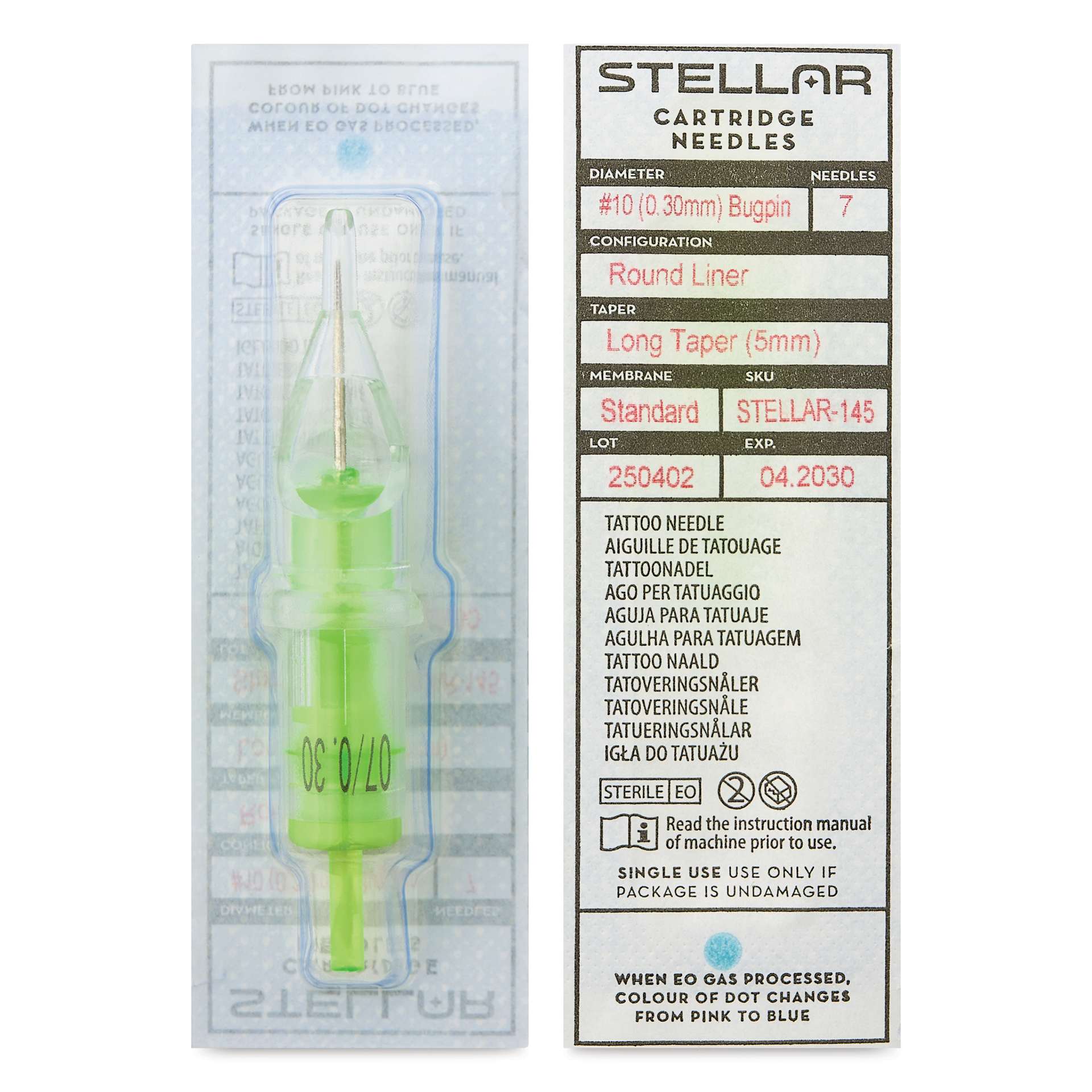 Peak Stellar Round Liner Long Taper Tattoo Needle Cartridges - #10, 7 Needles, Pkg of 20, front and back of packaging