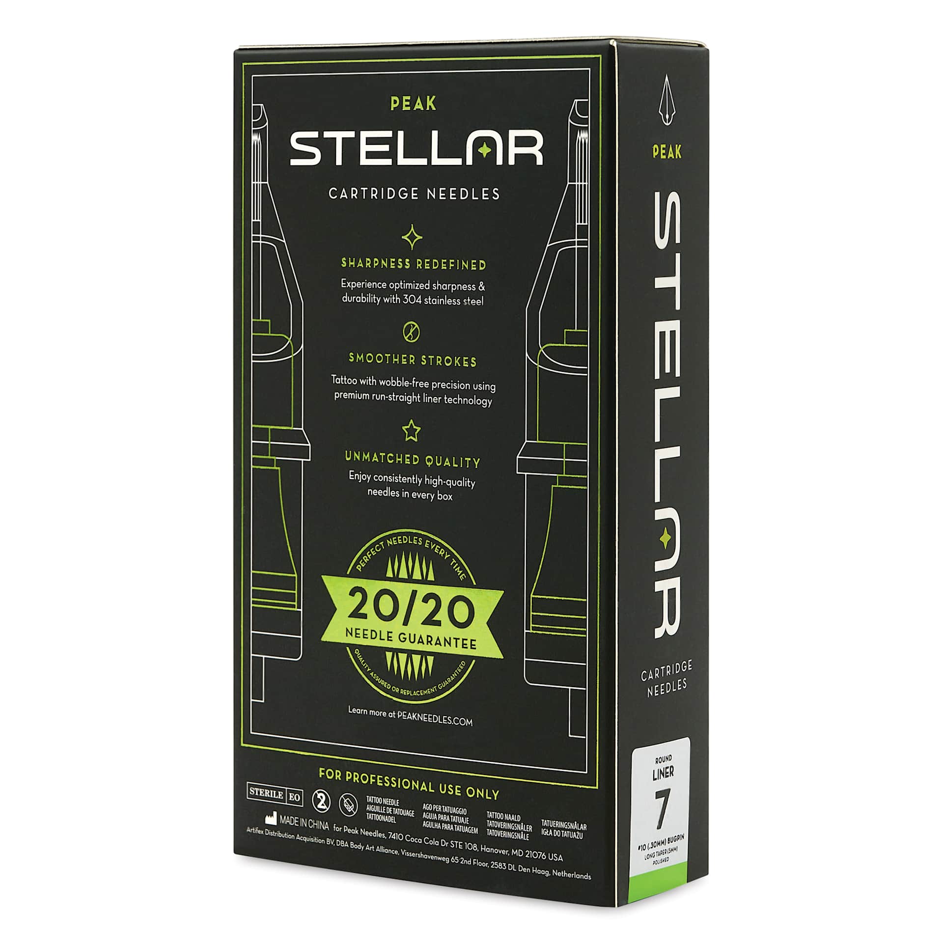 Peak Stellar Round Liner Long Taper Tattoo Needle Cartridges - #10, 7 Needles, Pkg of 20, packaging