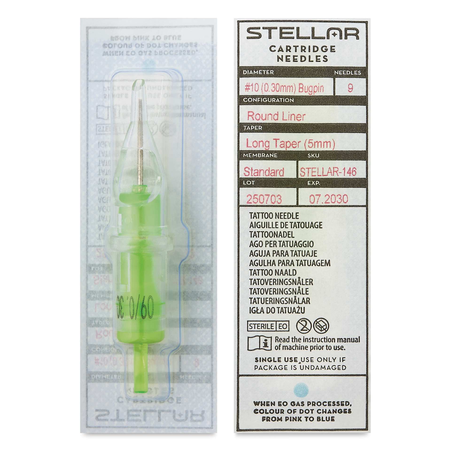 Peak Stellar Tattoo Needle Cartridges - #10 Bugpin (0.30 mm), 9 Round Liner, Long Taper (5 mm), Pkg of 20, front and back of packaging
