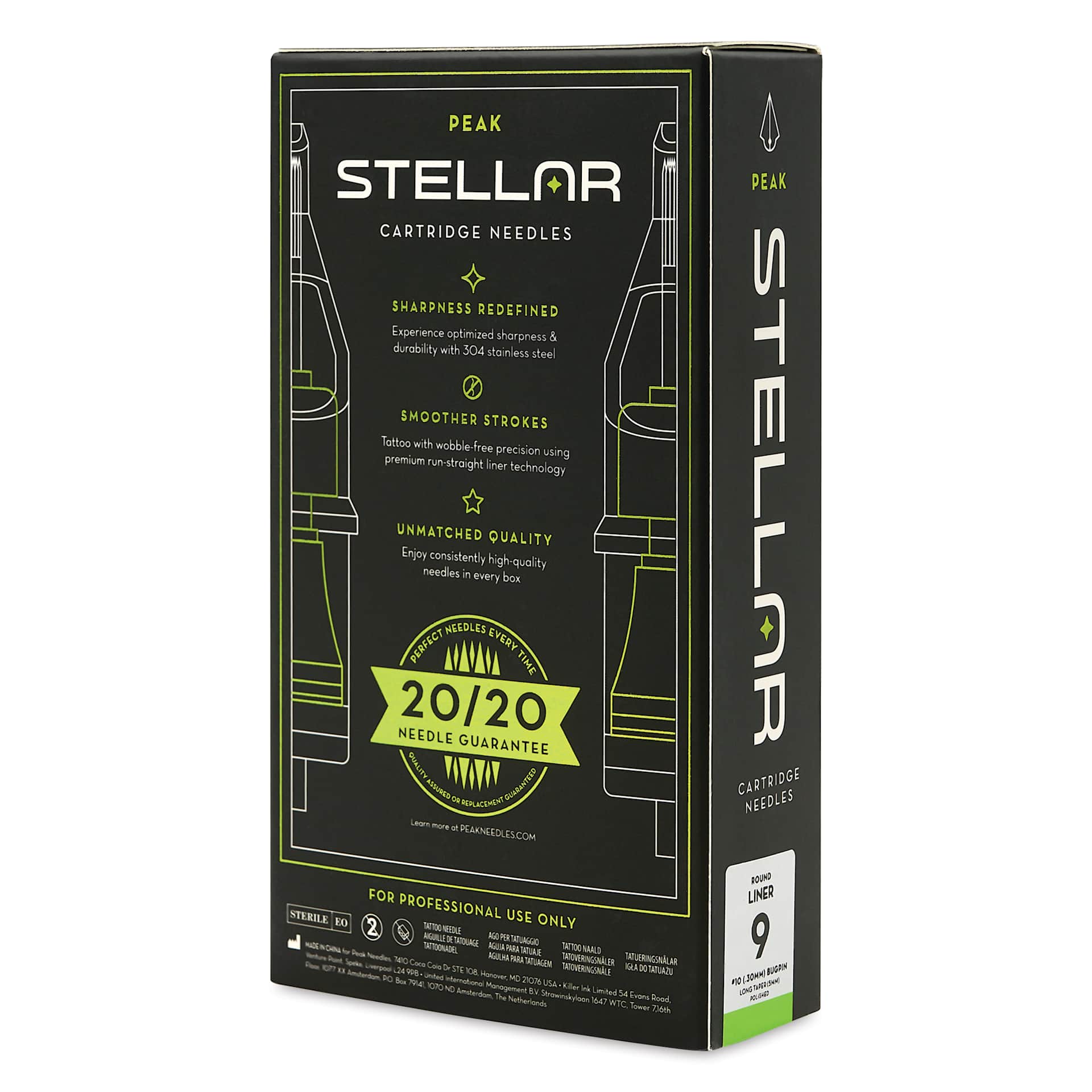 Peak Stellar Tattoo Needle Cartridges - #10 Bugpin (0.30 mm), 9 Round Liner, Long Taper (5 mm), Pkg of 20, packaging