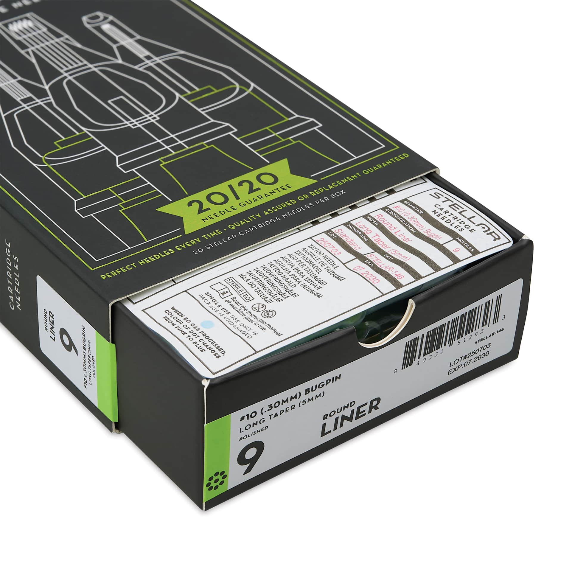 Peak Stellar Tattoo Needle Cartridges - #10 Bugpin (0.30 mm), 9 Round Liner, Long Taper (5 mm), Pkg of 20, open packaging