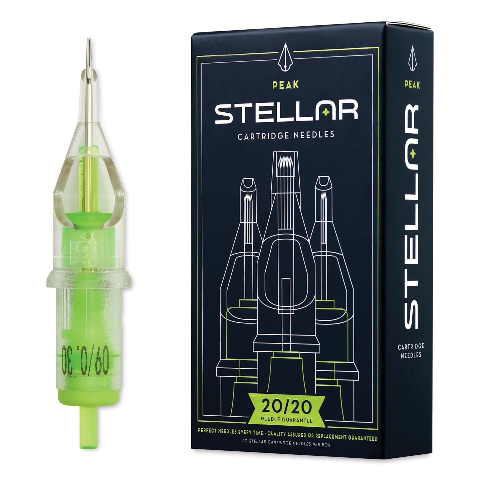 Peak Stellar Tattoo Needle Cartridges - #10 Bugpin (0.30 mm), 9 Round Liner, Long Taper (5 mm), Pkg of 20, needle and packaging