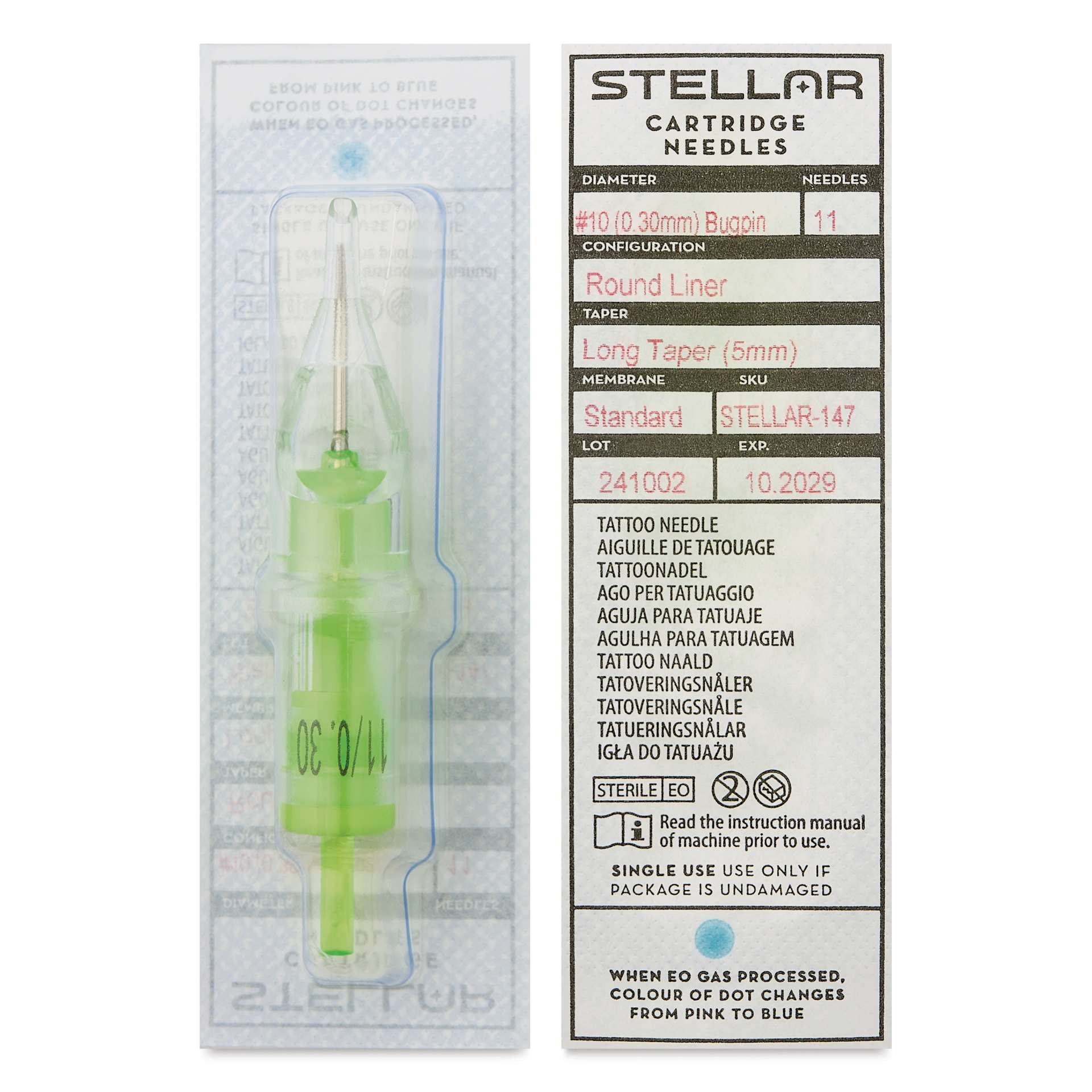 Peak Stellar Round Liner Long Taper Tattoo Needle Cartridges - #10, 11 Needles, Pkg of 20, front and back of packaging