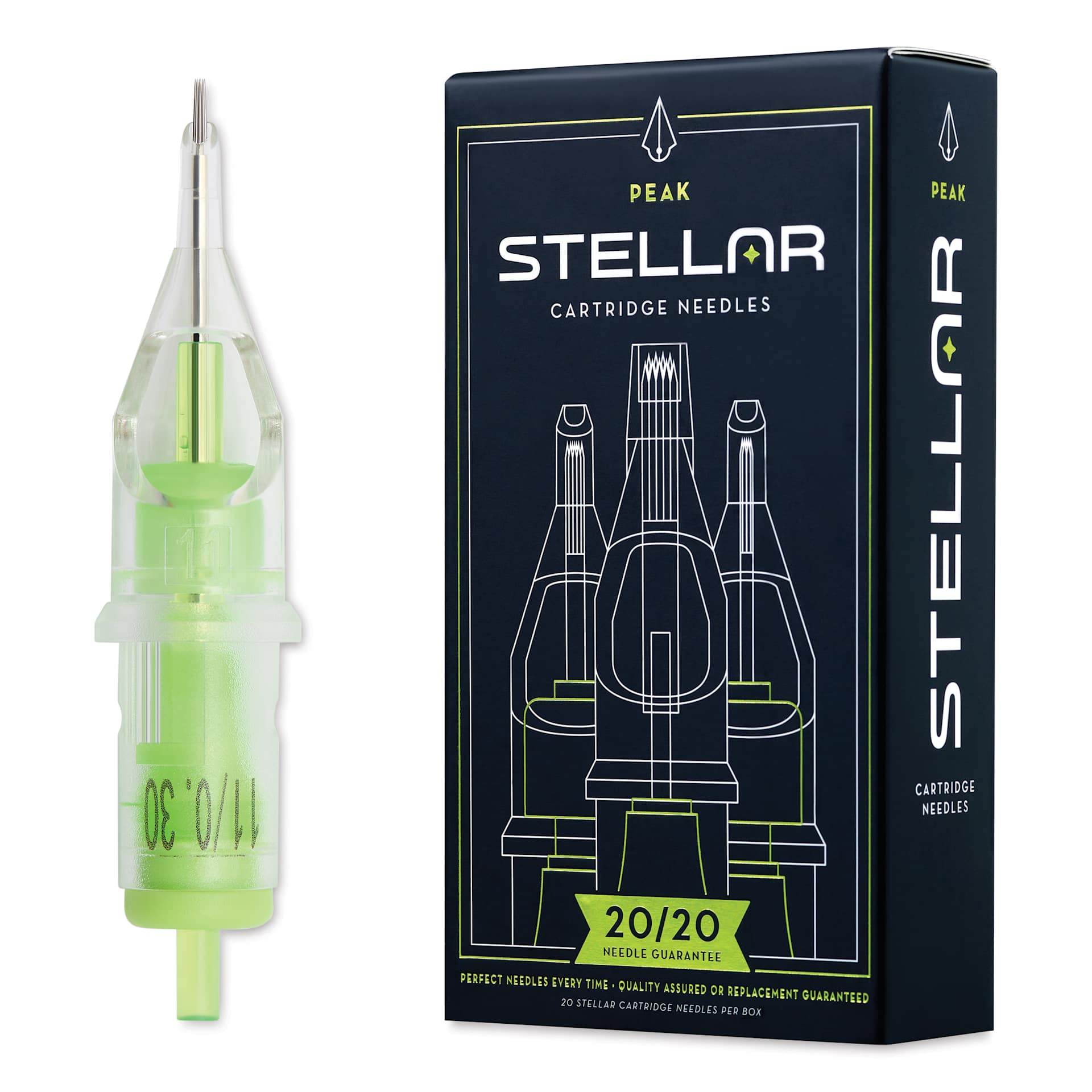 Peak Stellar Round Liner Long Taper Tattoo Needle Cartridges - #10, 11 Needles, Pkg of 20, needle and packaging