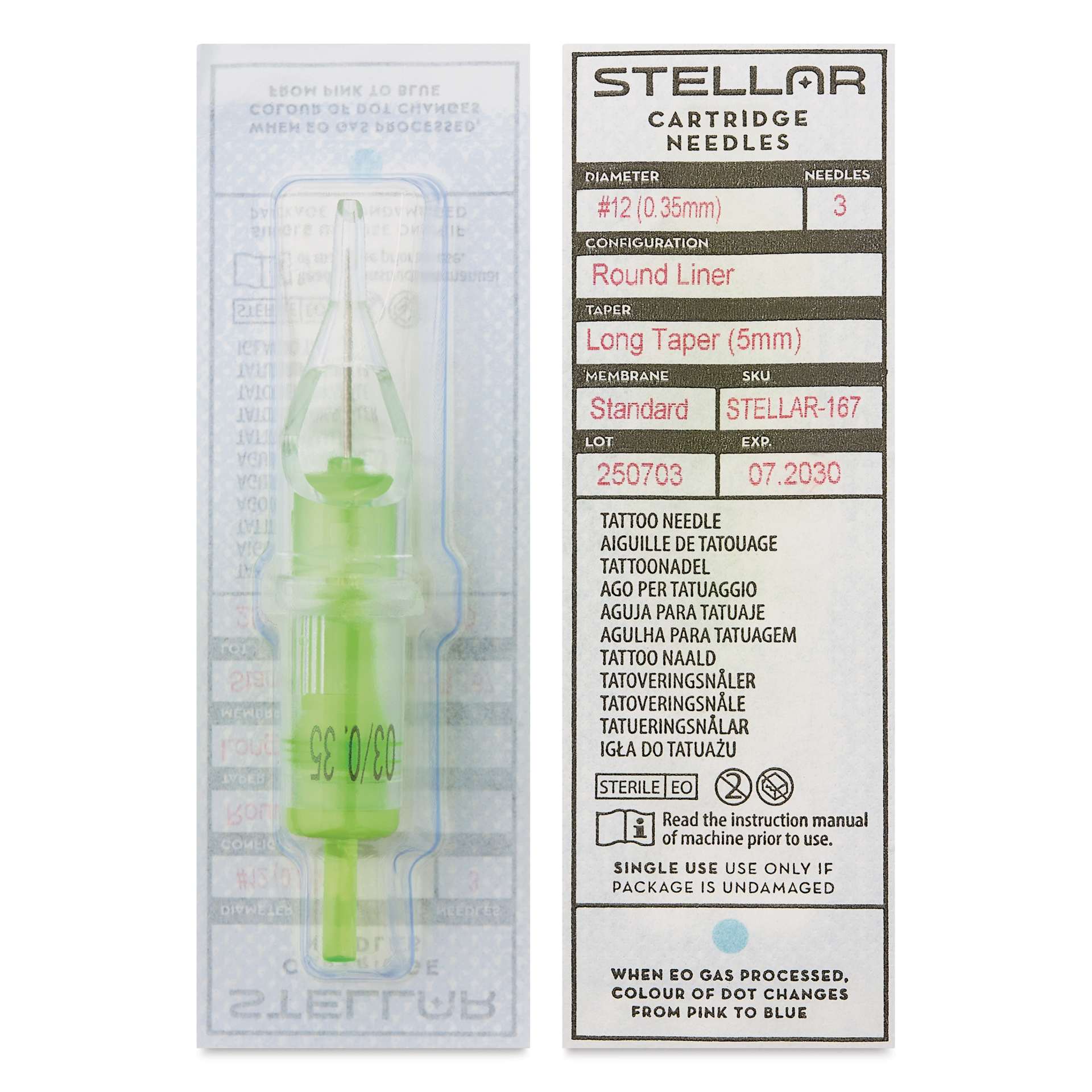 Peak Stellar Round Liner Long Taper Tattoo Needle Cartridges - #12, 3 Needles, Pkg of 20, front and back of packaging
