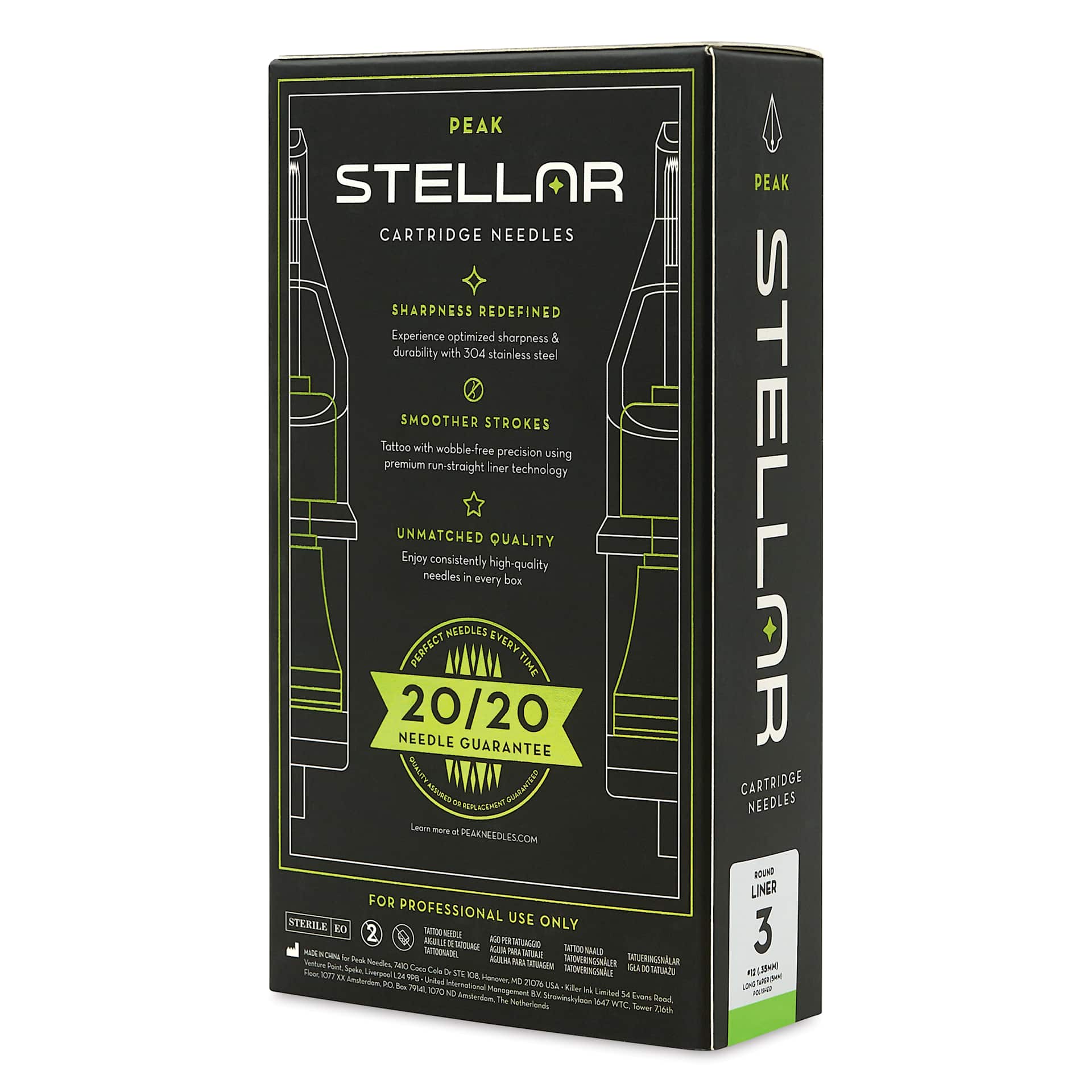 Peak Stellar Round Liner Long Taper Tattoo Needle Cartridges - #12, 3 Needles, Pkg of 20, packaging