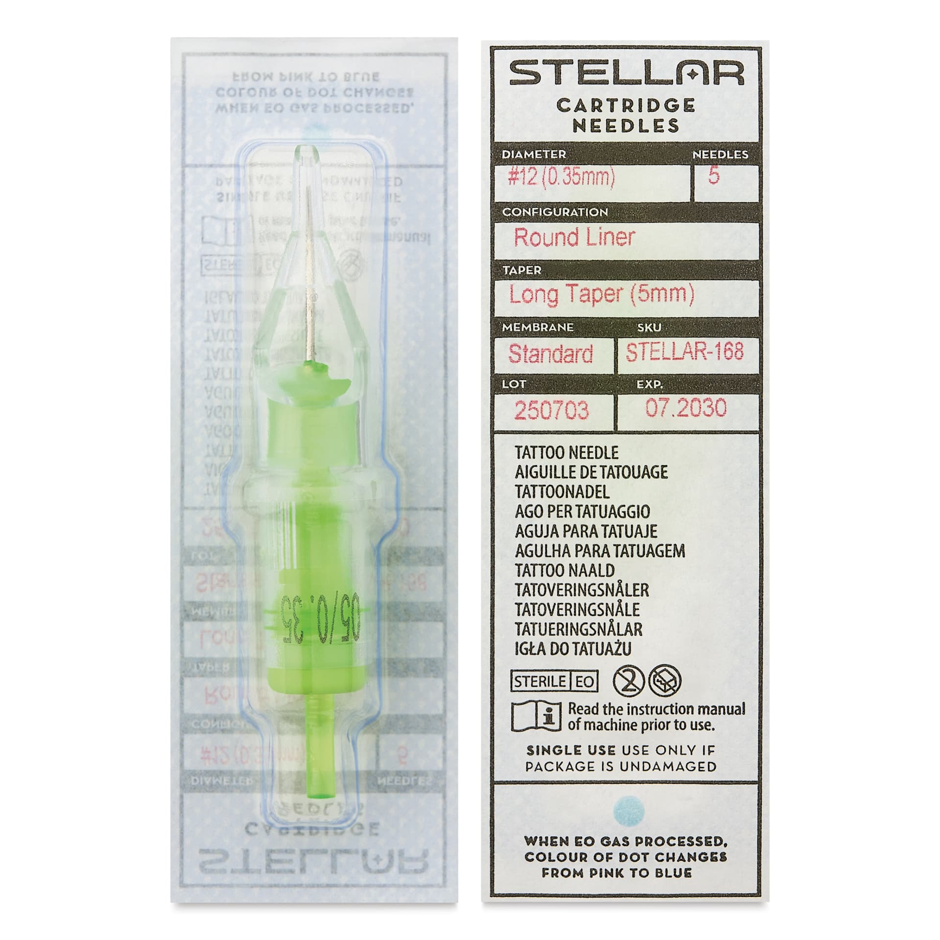 Peak Stellar Round Liner Long Taper Tattoo Needle Cartridges - #12, 5 Needles, Pkg of 20, front and back of packaging