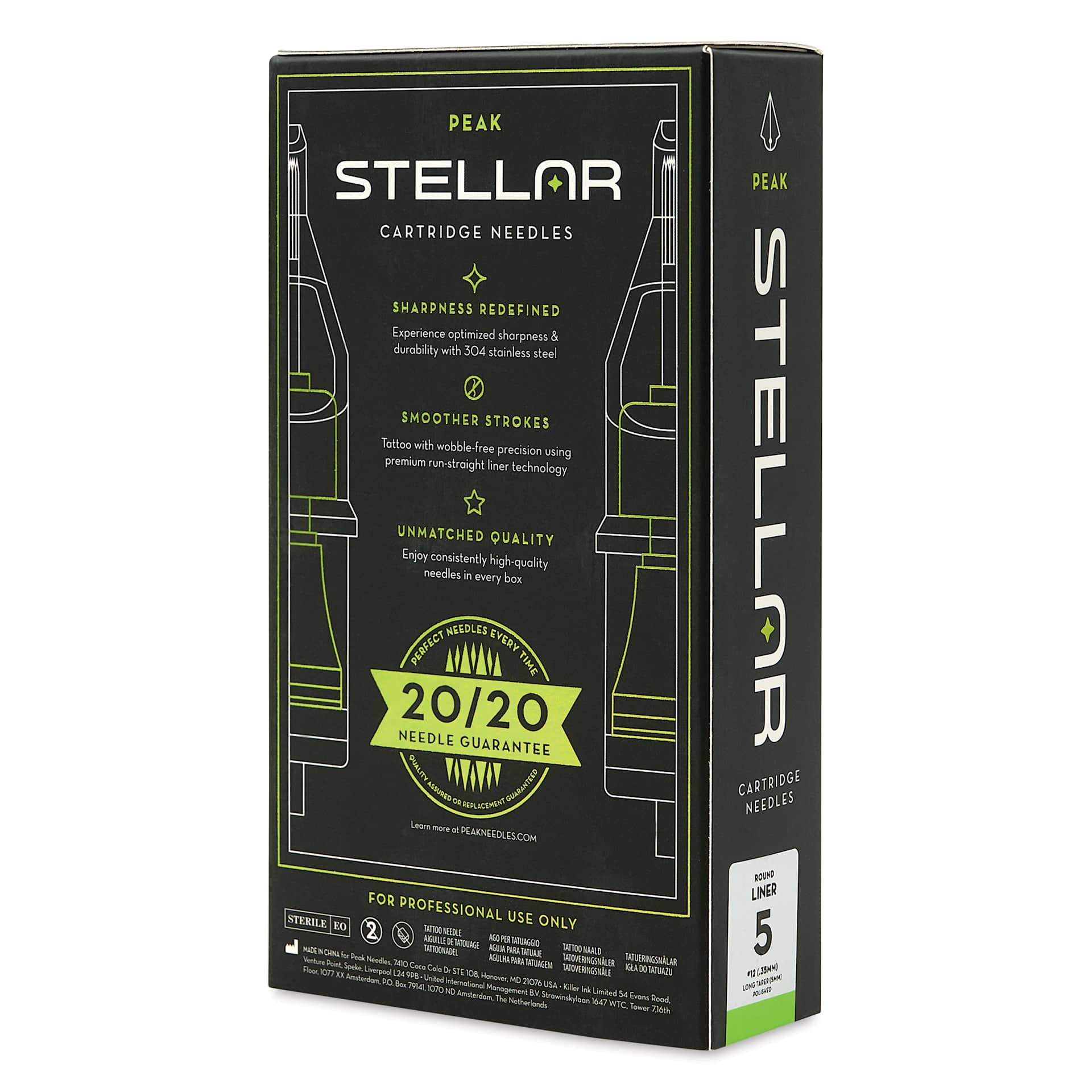 Peak Stellar Round Liner Long Taper Tattoo Needle Cartridges - #12, 5 Needles, Pkg of 20, packaging