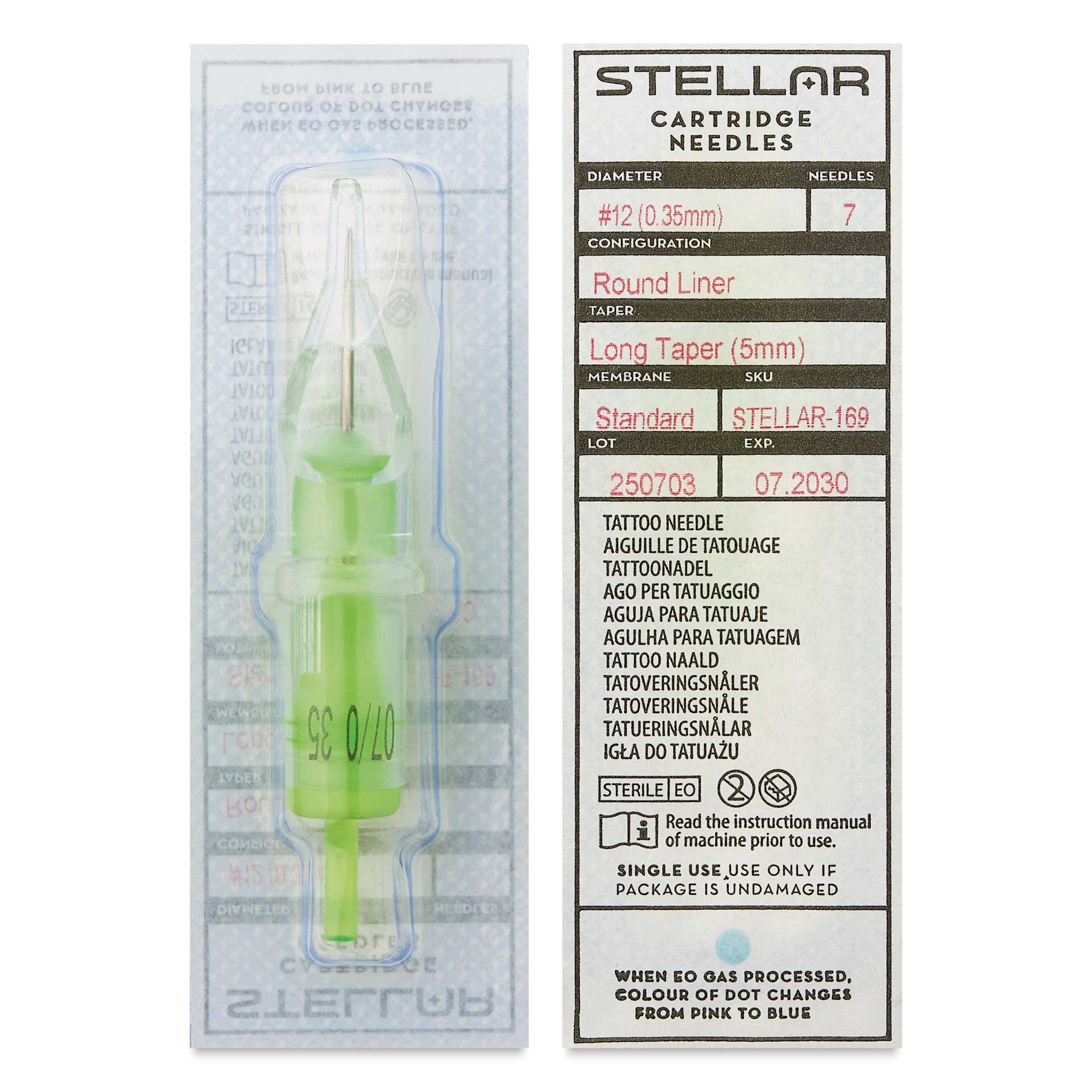 Peak Stellar Round Liner Long Taper Tattoo Needle Cartridges - #12, 7 Needles, Pkg of 20, front and back of packaging