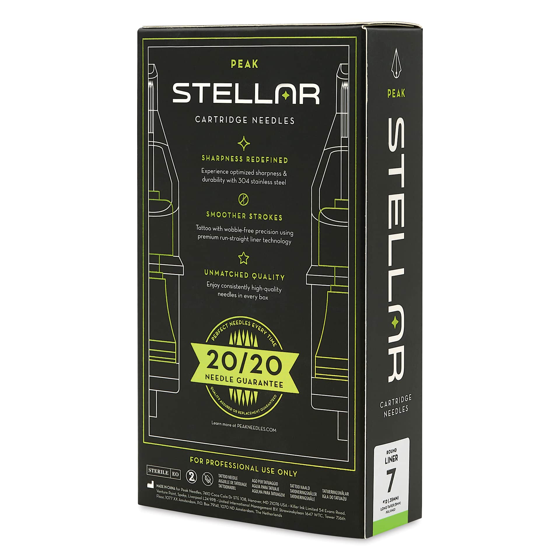 Peak Stellar Round Liner Long Taper Tattoo Needle Cartridges - #12, 7 Needles, Pkg of 20, packaging