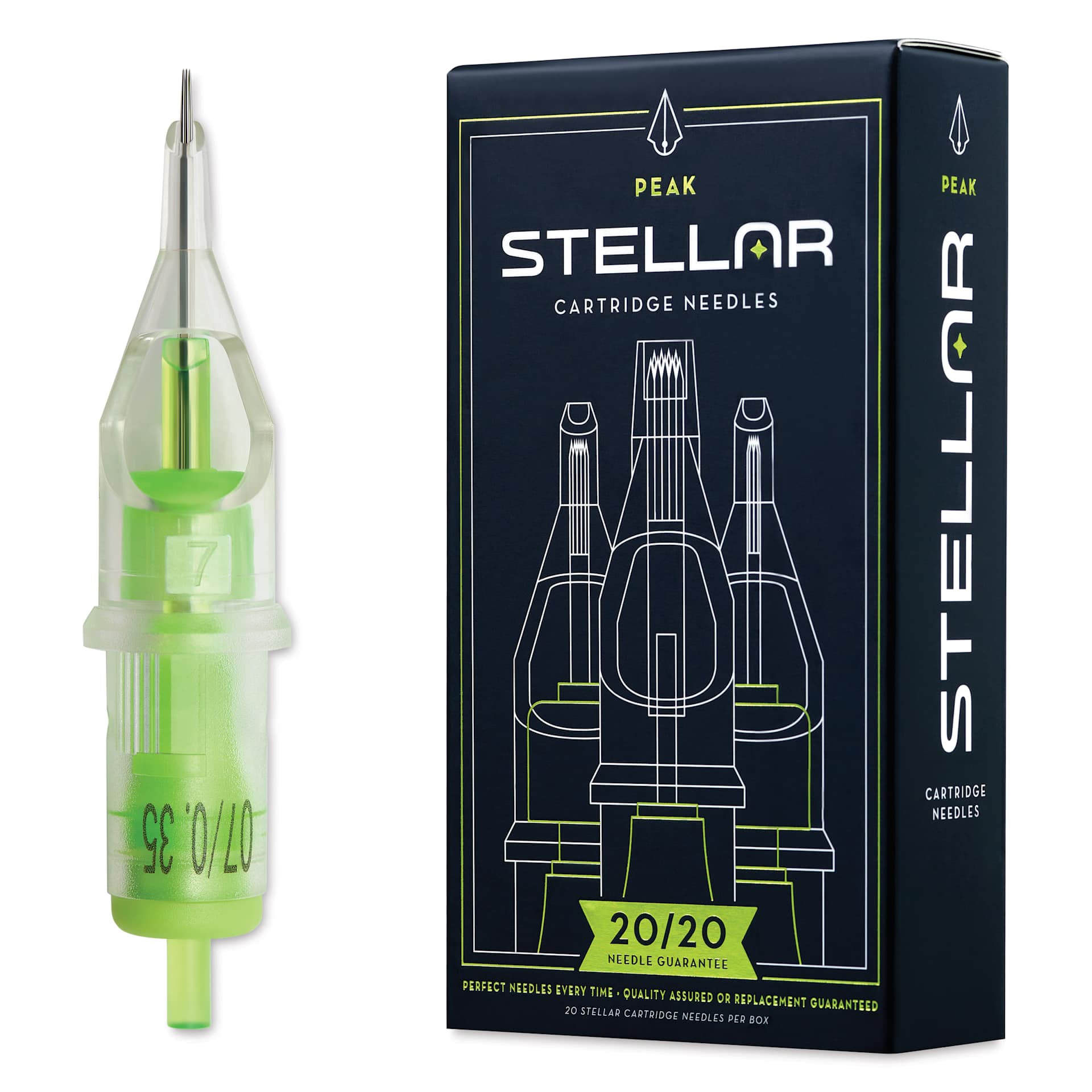 Peak Stellar Round Liner Long Taper Tattoo Needle Cartridges - #12, 7 Needles, Pkg of 20, needle and packaging