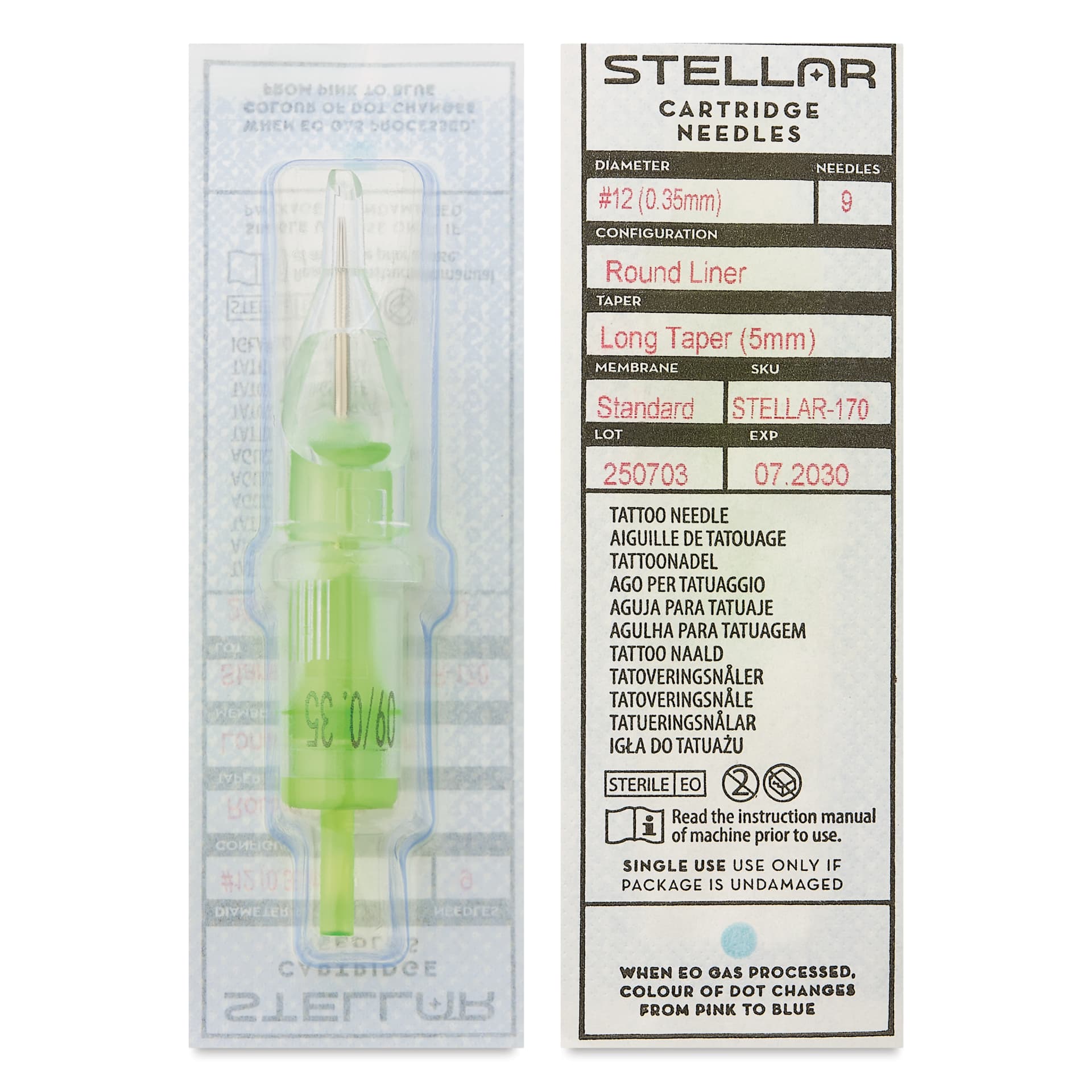 Peak Stellar Round Liner Long Taper Tattoo Needle Cartridges - #12, 9 Needles, Pkg of 20, front and back of packaging