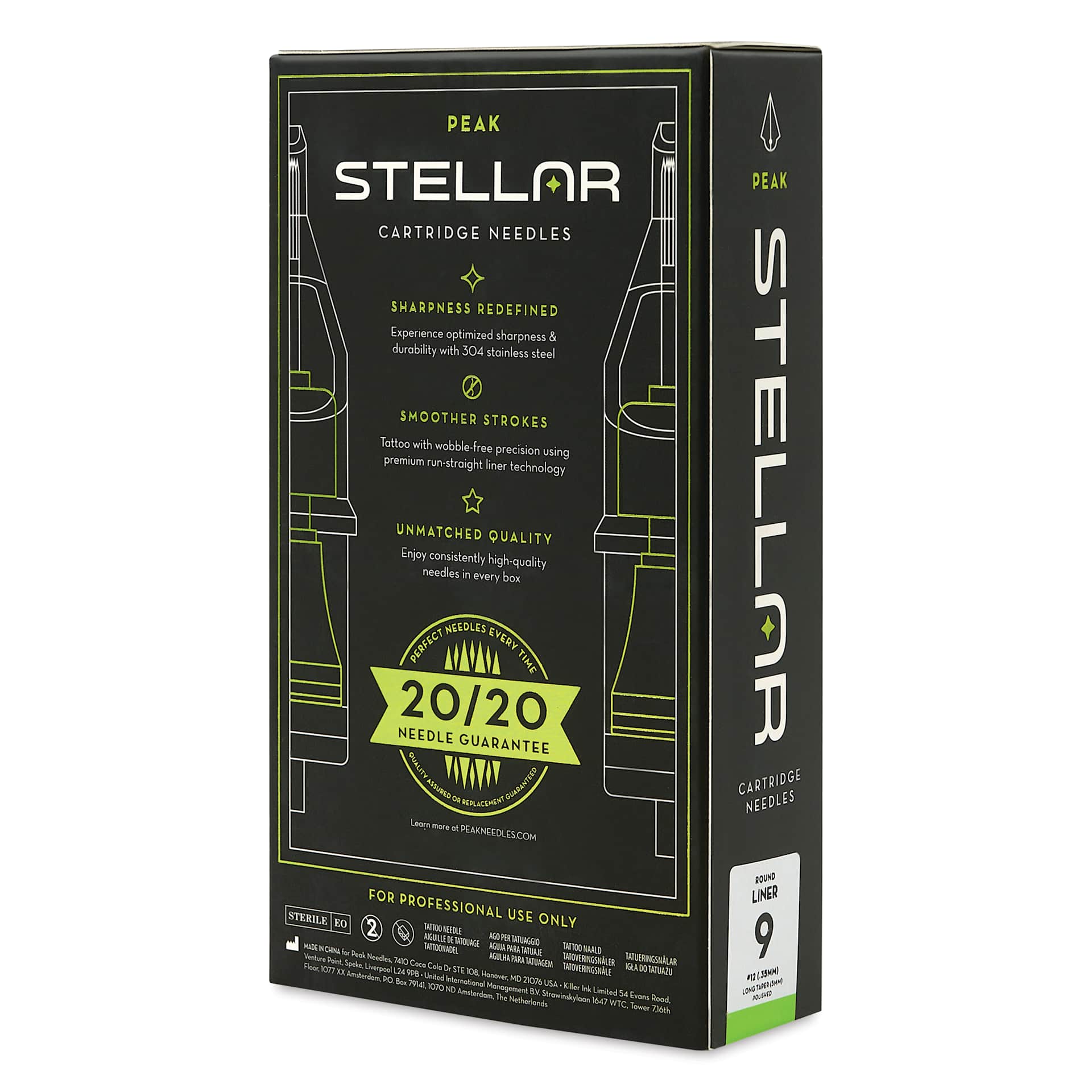 Peak Stellar Round Liner Long Taper Tattoo Needle Cartridges - #12, 9 Needles, Pkg of 20, packaging