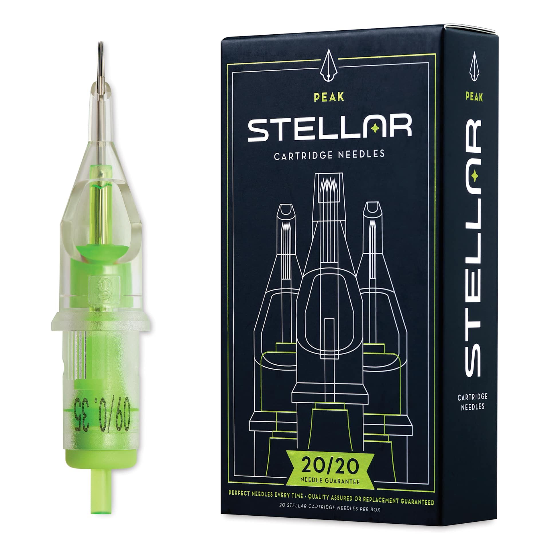 Peak Stellar Round Liner Long Taper Tattoo Needle Cartridges - #12, 9 Needles, Pkg of 20, needle and packaging