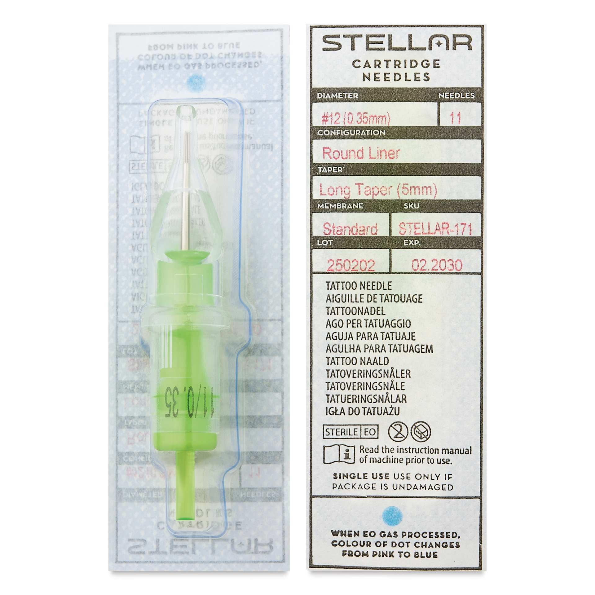 Peak Stellar Round Liner Long Taper Tattoo Needle Cartridges - #12, 11 Needles, Pkg of 20, front and back of packaging
