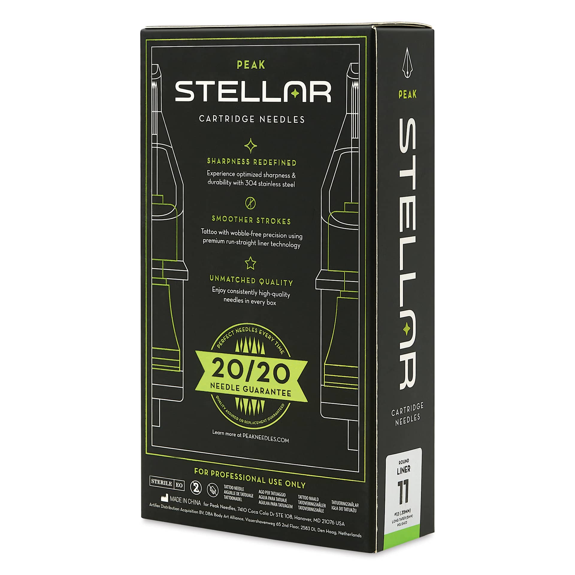 Peak Stellar Round Liner Long Taper Tattoo Needle Cartridges - #12, 11 Needles, Pkg of 20, packaging