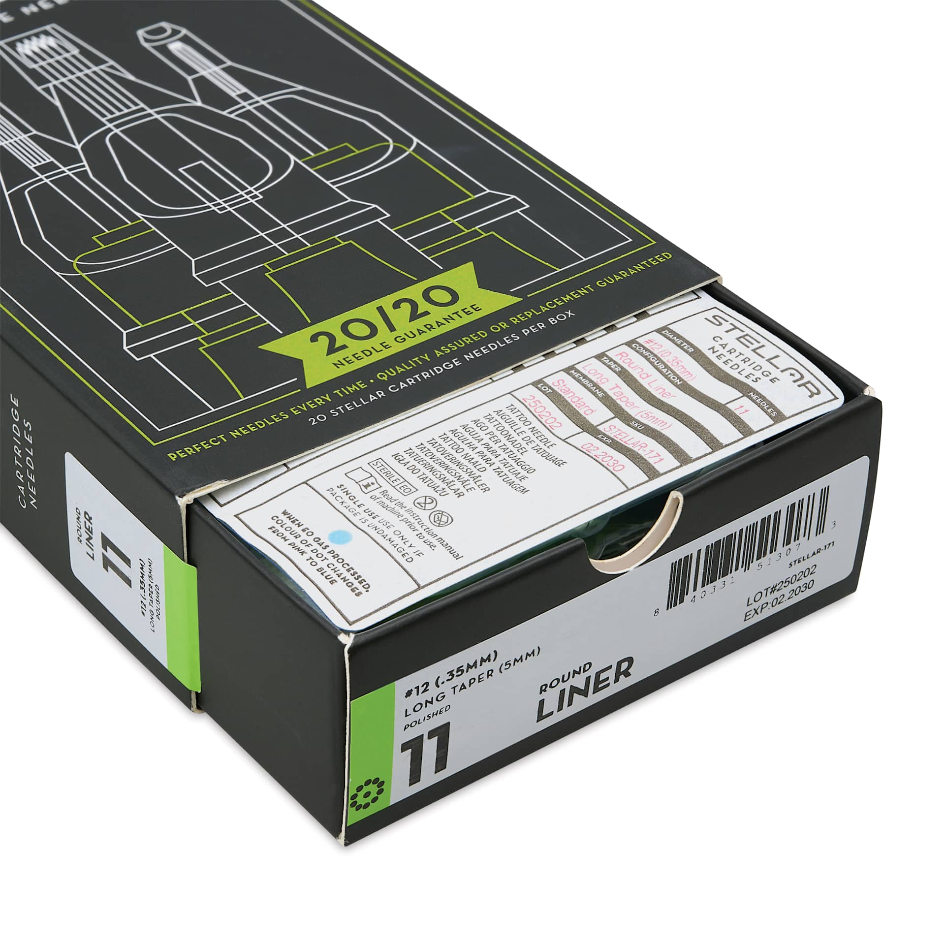 Peak Stellar Round Liner Long Taper Tattoo Needle Cartridges - #12, 11 Needles, Pkg of 20, open packaging