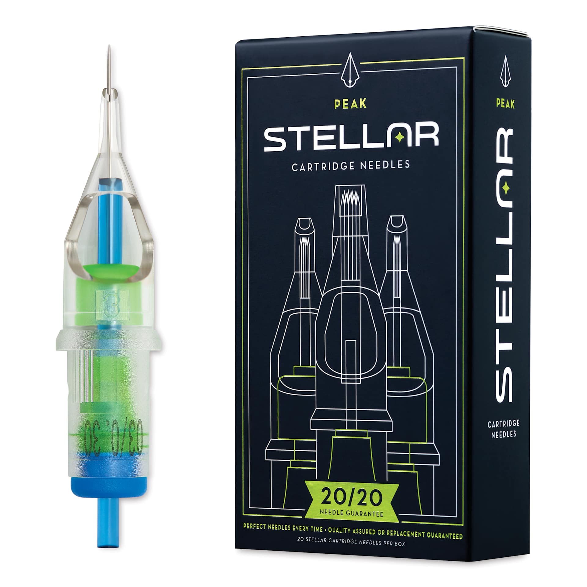 Peak Stellar Round Shader Extra Long Taper Tattoo Needle Cartridges - #10, 3 Needles, Pkg of 20, needle and packaging