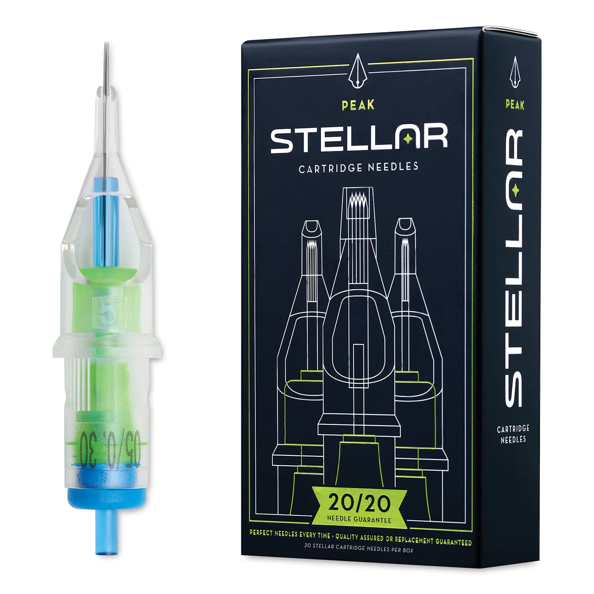 Peak Stellar Round Shader Extra Long Taper Tattoo Needle Cartridges - #10, 5 Needles, Pkg of 20, needle and packaging
